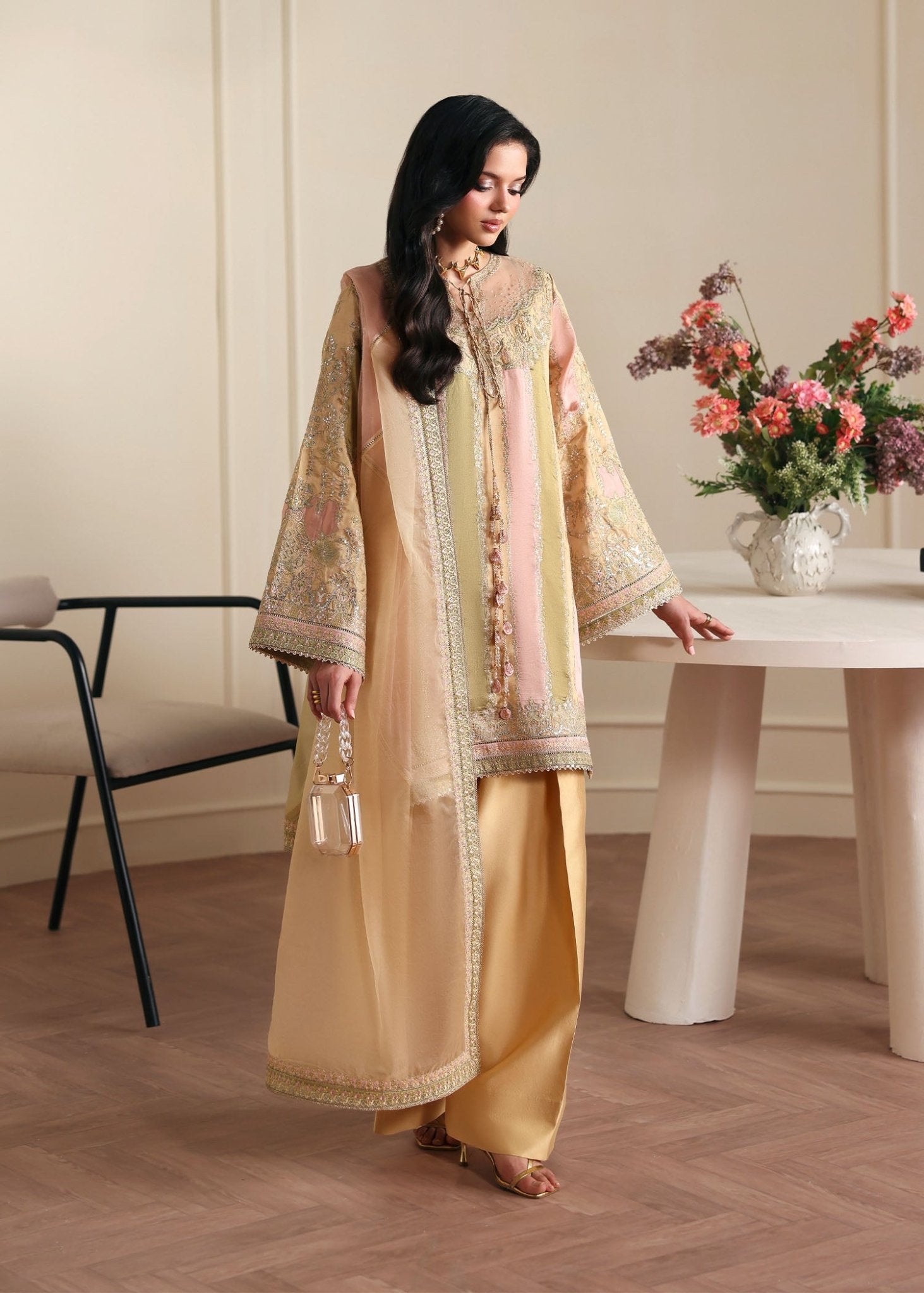 Bareeha gold laser panel shirt front view - Kanwal Malik