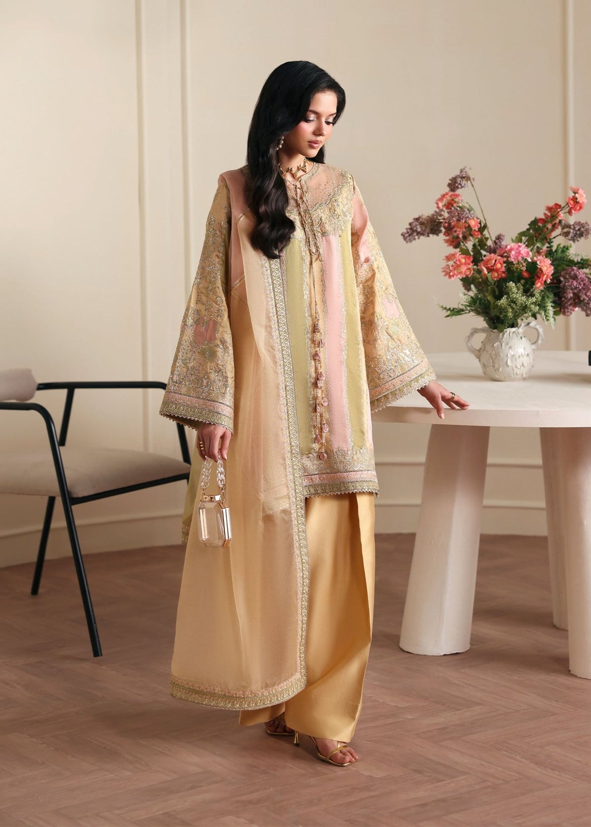 Bareeha gold laser panel shirt front view - Kanwal Malik