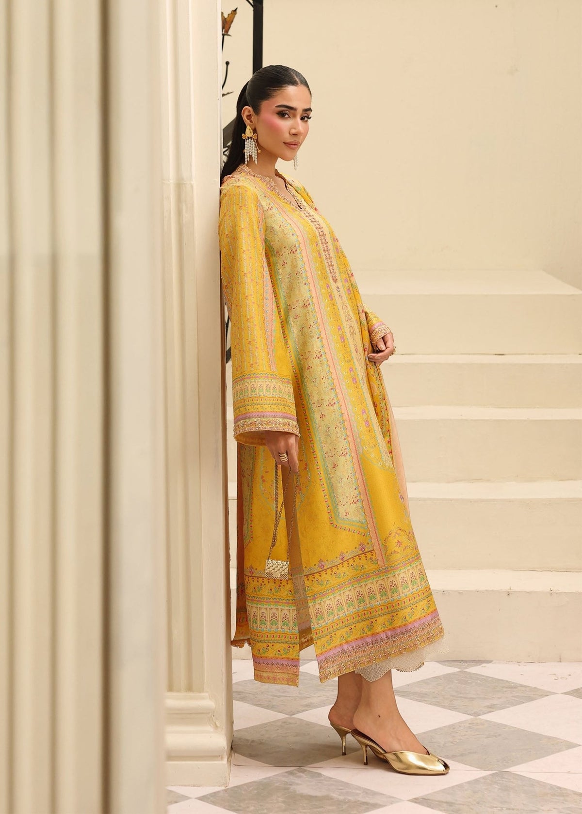Caprina yellow medium silk dupatta detail - Kanwal Malik