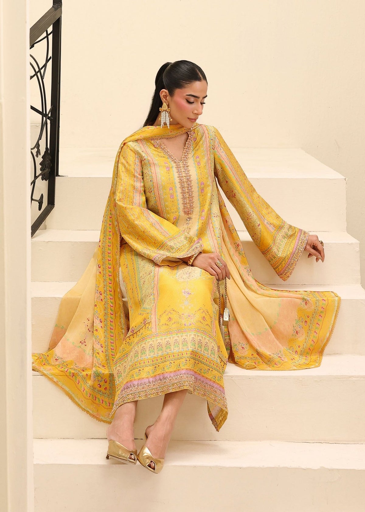 Caprina yellow full ensemble view - Kanwal Malik