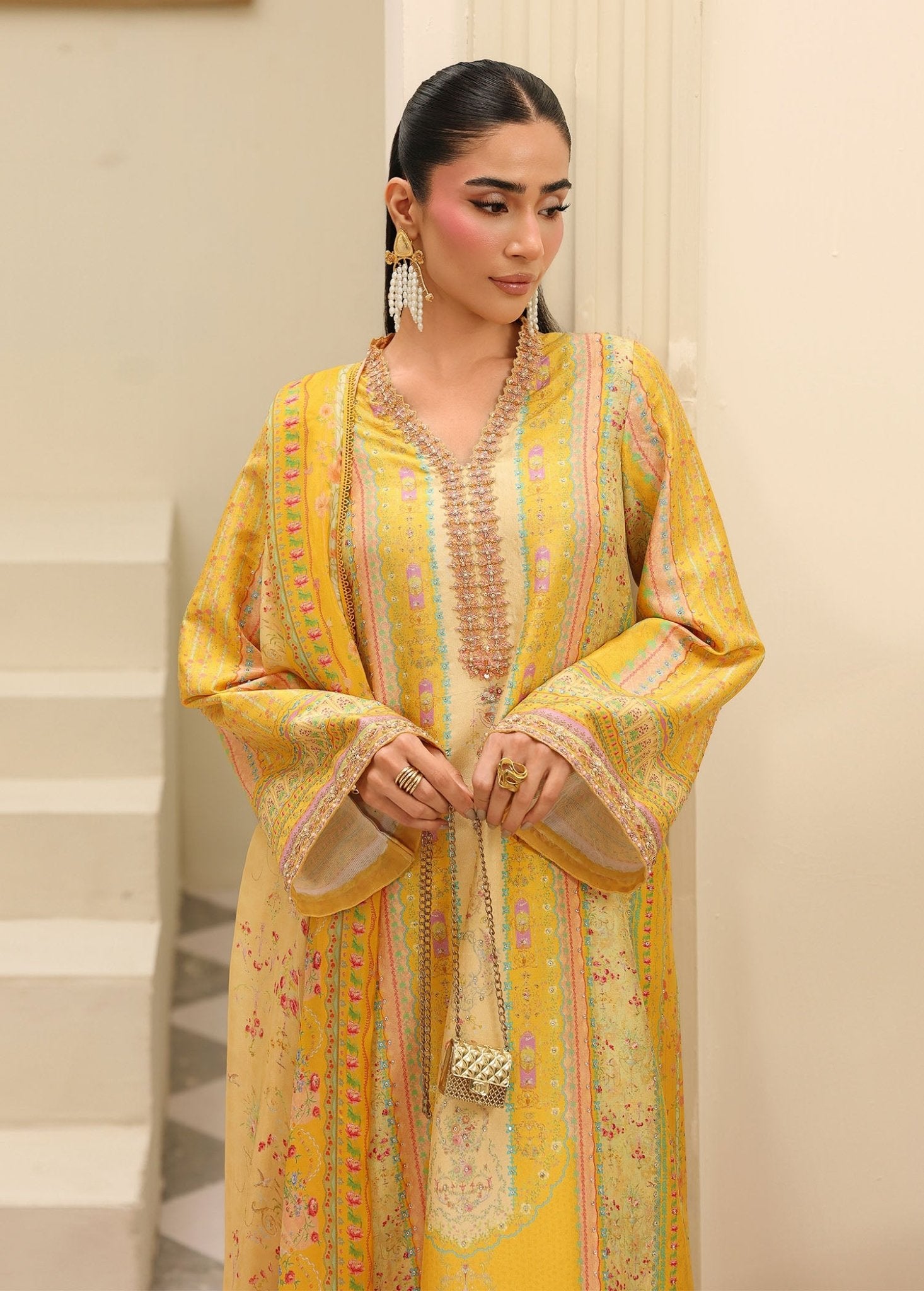Caprina yellow adda work neckline embroidery detail - Kanwal Malik