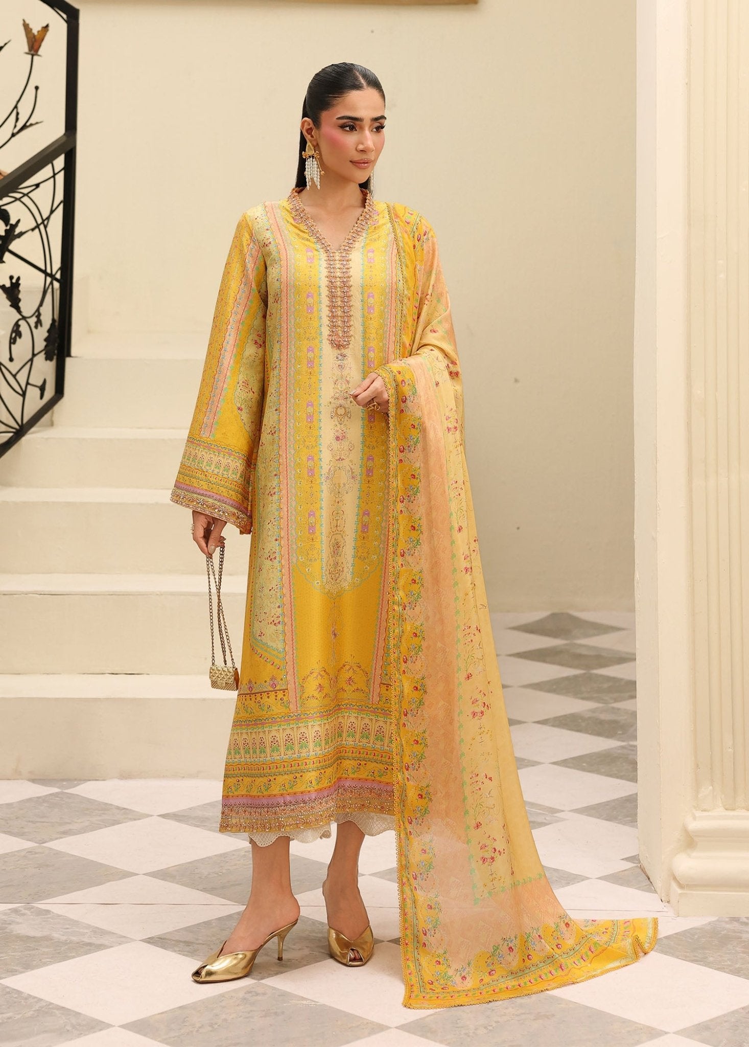 Caprina yellow raw silk shirt front view - Kanwal Malik