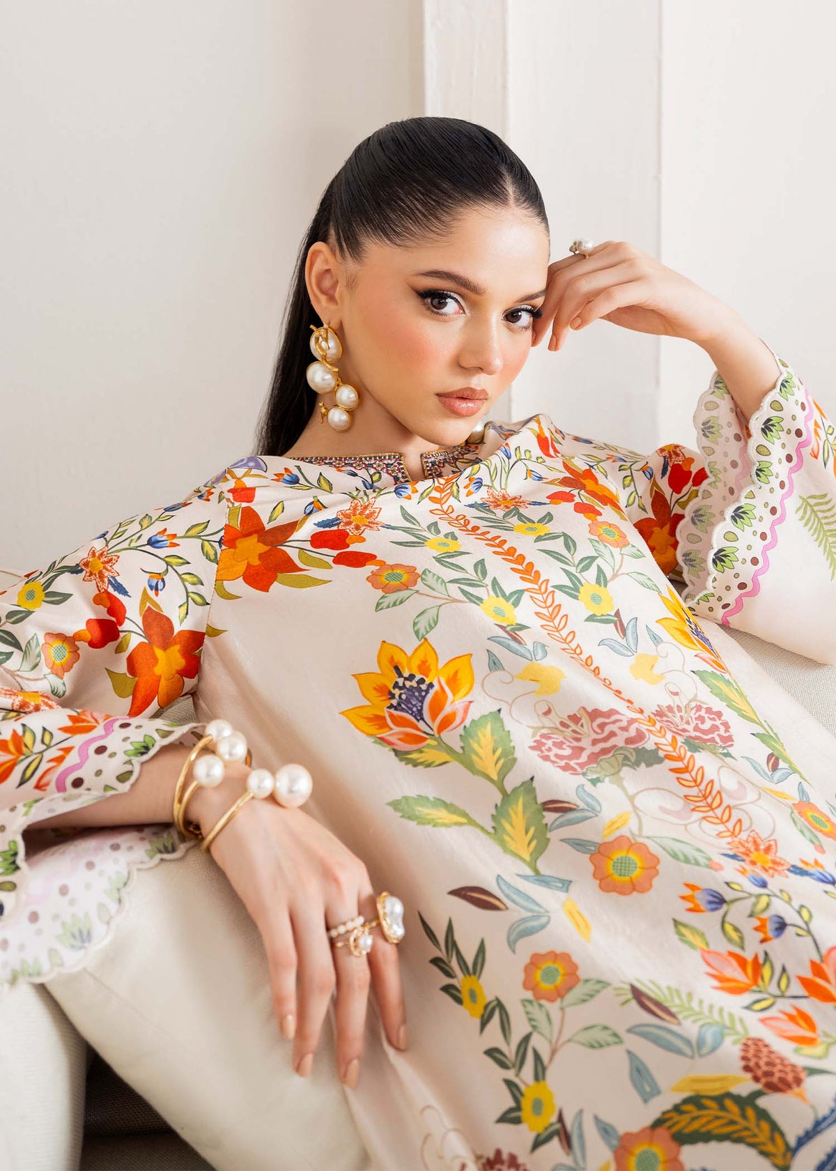 Celia off white kaftan full ensemble view - Kanwal Malik