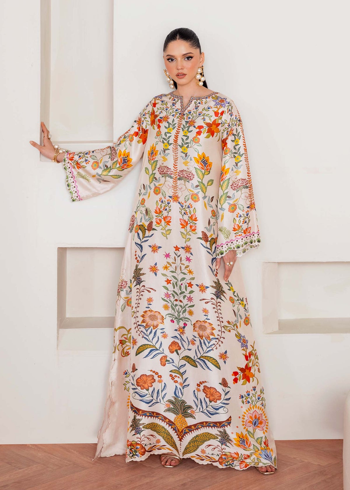 Celia off white silk kaftan front view - Kanwal Malik