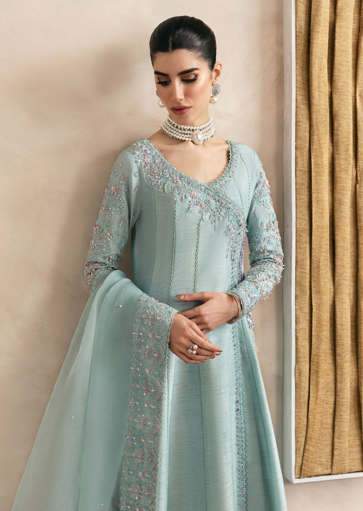 Daisy powder blue embroidered embellishment detail - Kanwal Malik luxury pret