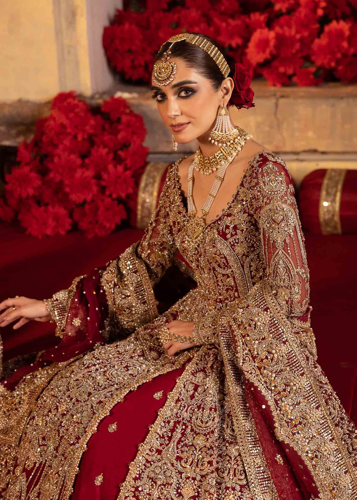 Divani red bridal full ensemble view - Kanwal Malik bridal couture