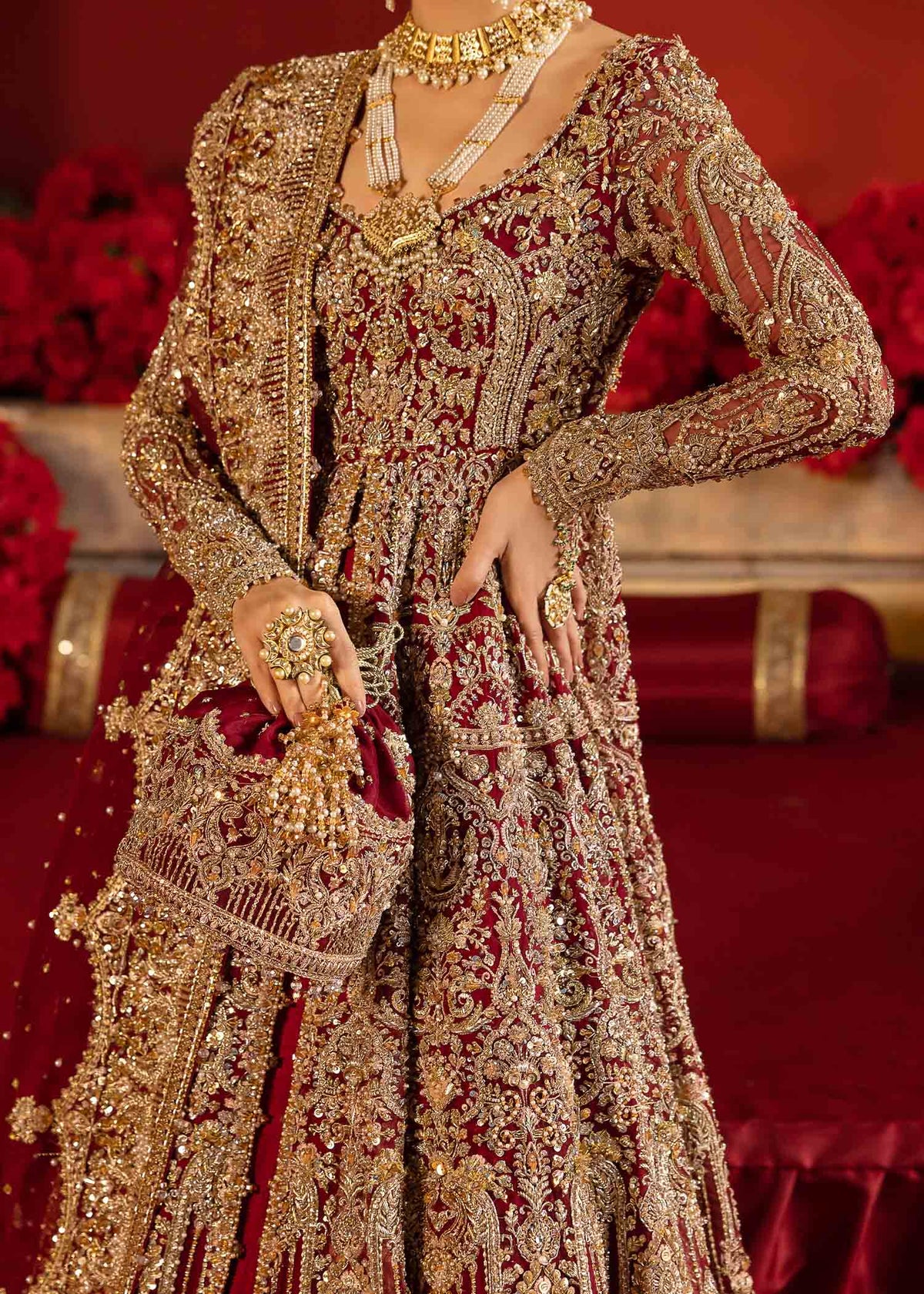 Divani red Mukesh dupatta detail - Kanwal Malik bridal couture