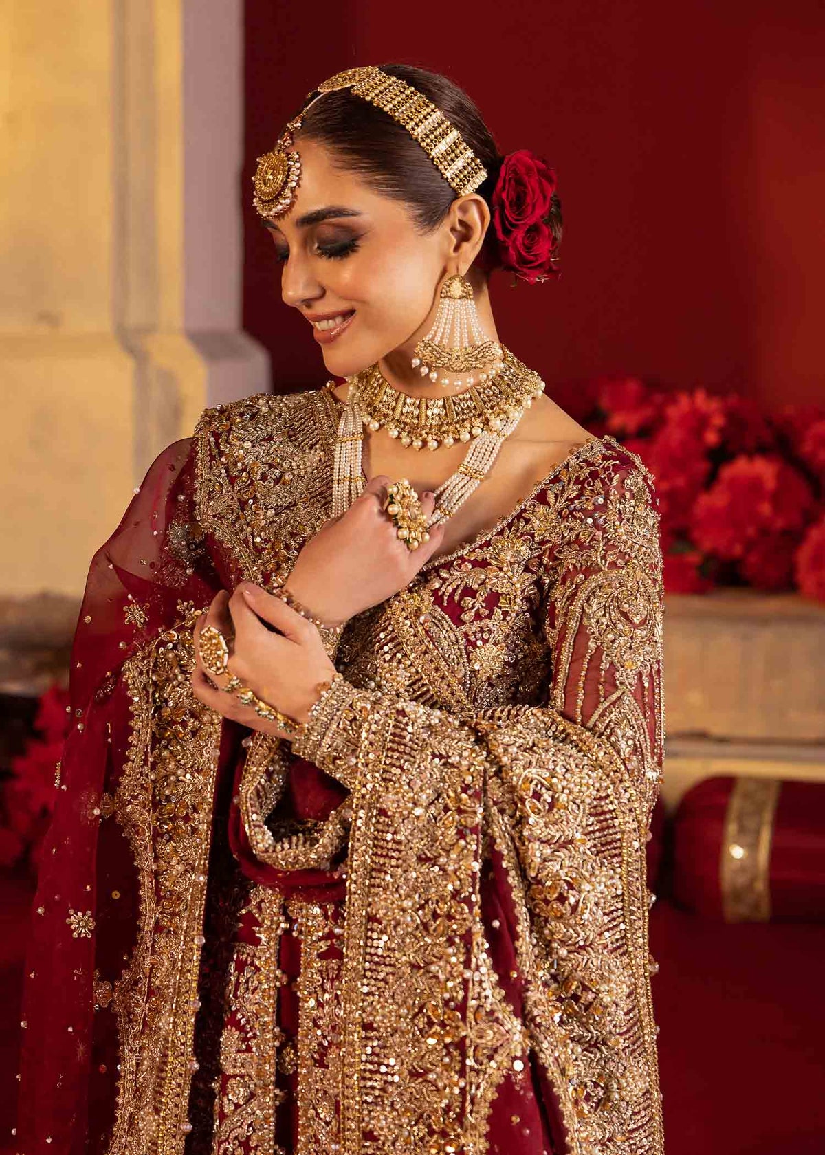 Divani red velvet four-sided border detail - Kanwal Malik bridal couture