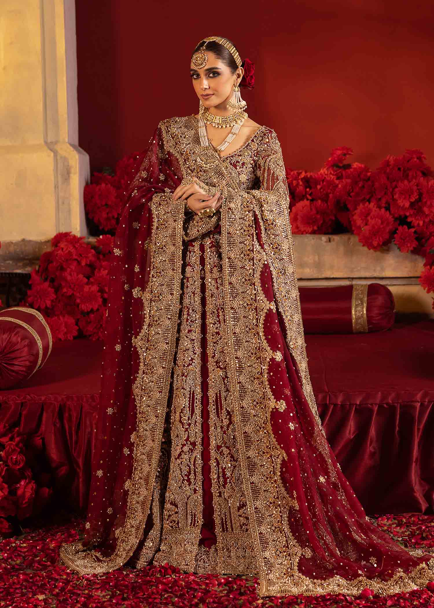 Divani red velvet border bridal front view - Kanwal Malik bridal couture