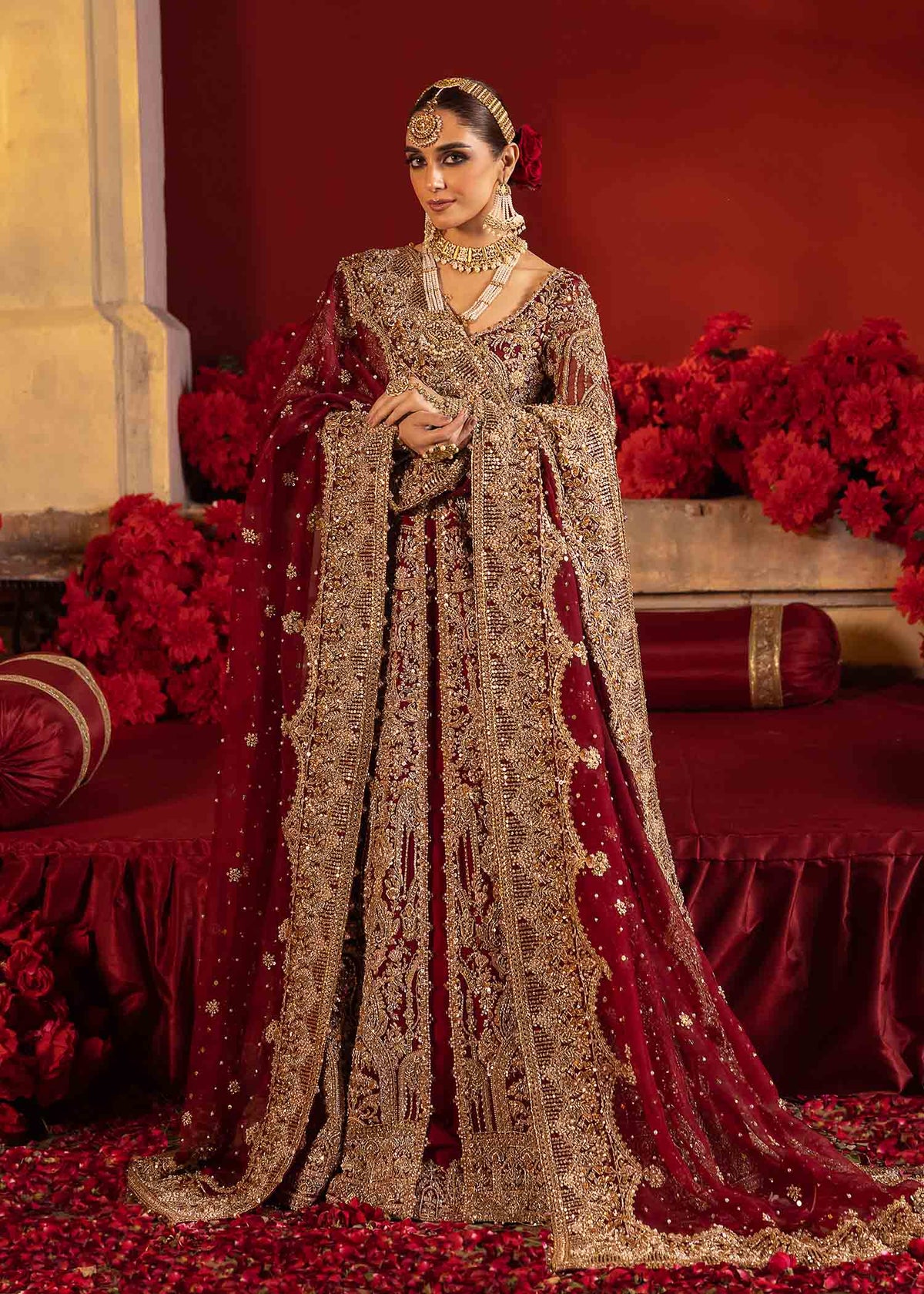 Divani red velvet border bridal front view - Kanwal Malik bridal couture