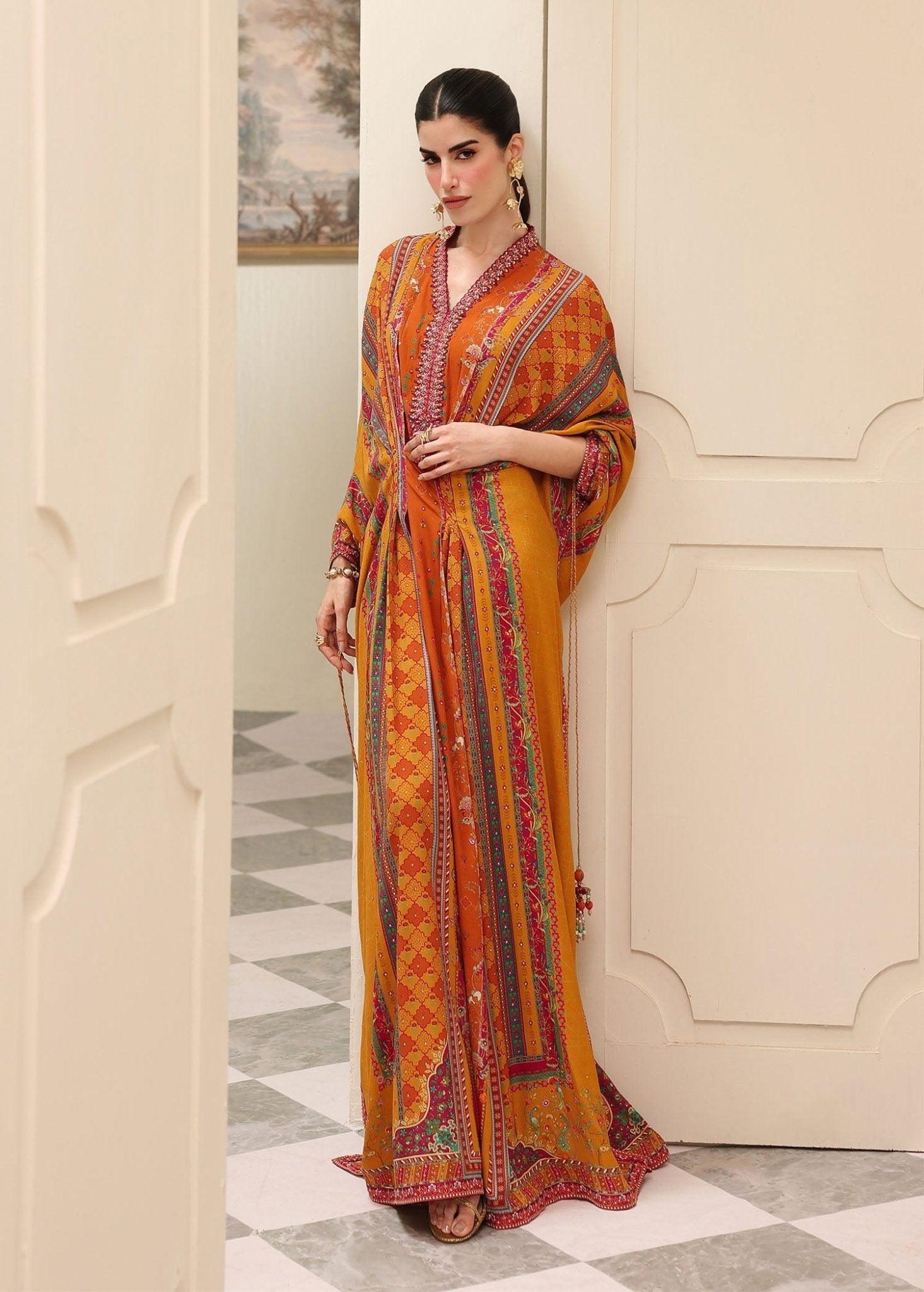Eira orange printed kaftan front view - Kanwal Malik