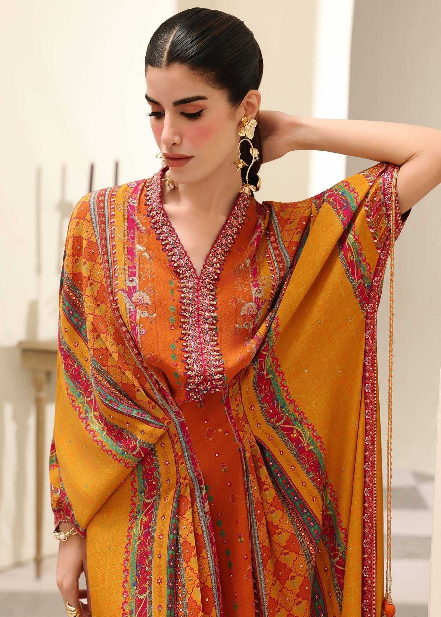 Eira orange embroidered neckline detail - Kanwal Malik