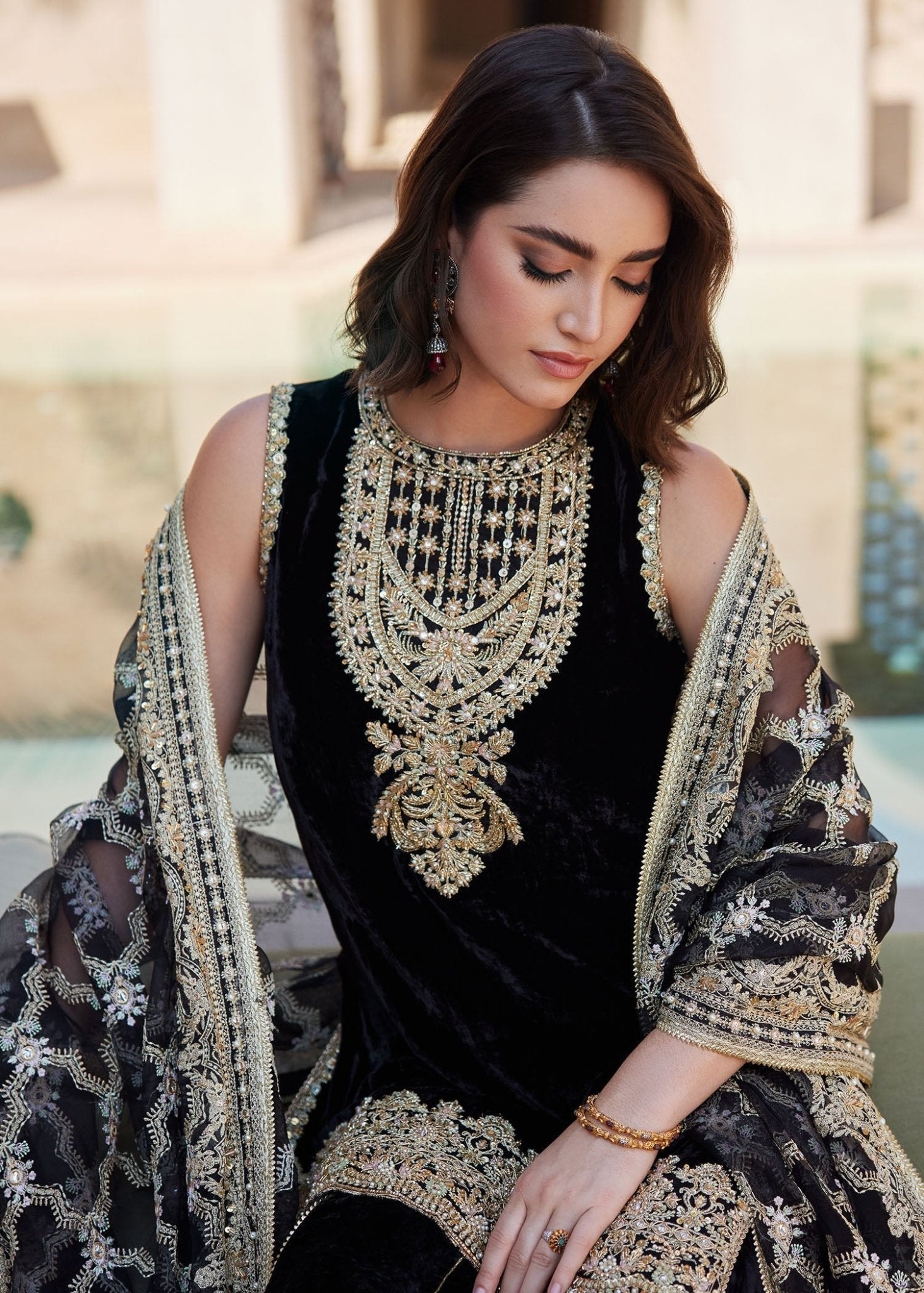 Elynor black dabka pearl crystal embellishment detail - Kanwal Malik