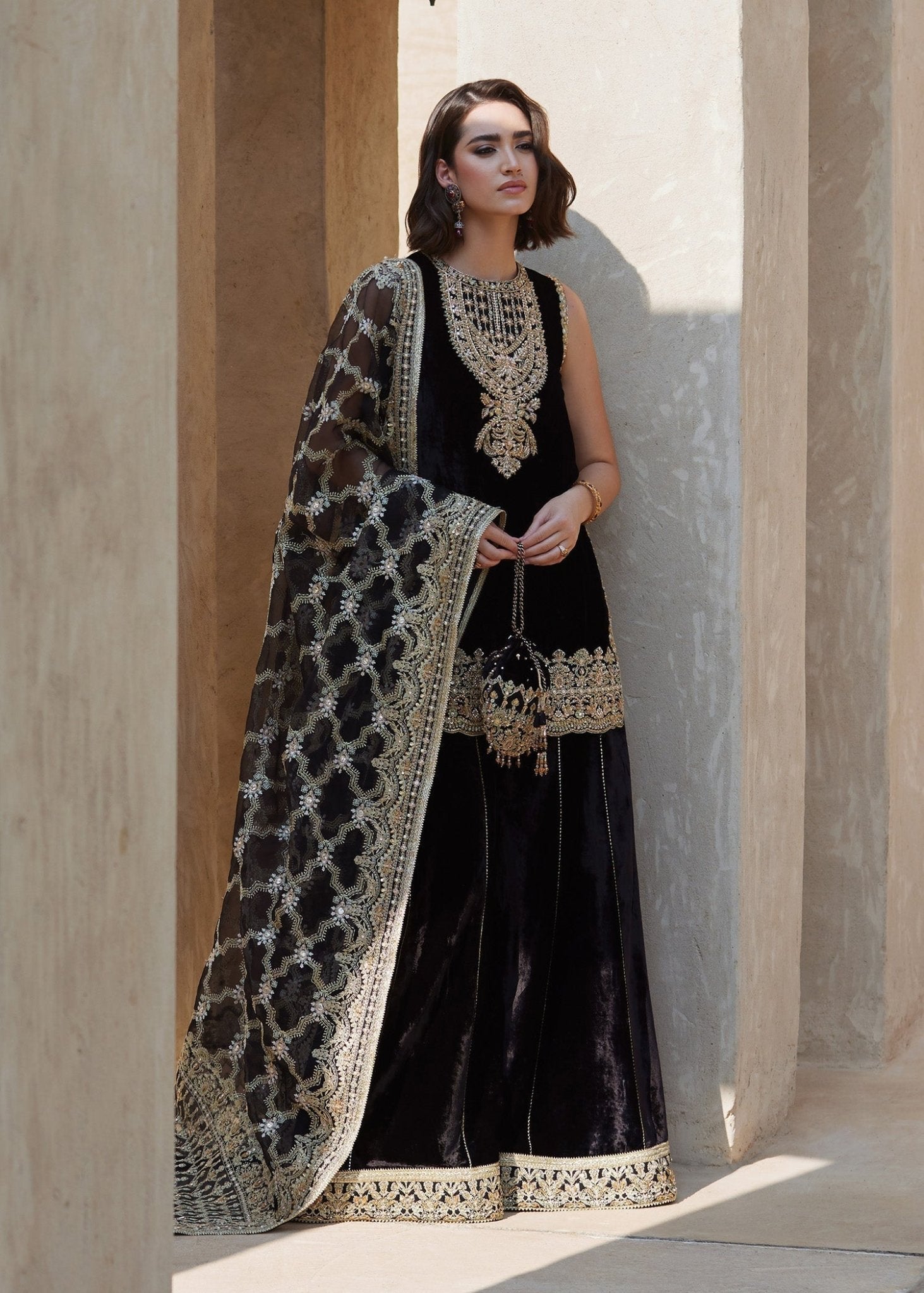 Elynor black velvet shirt front view - Kanwal Malik