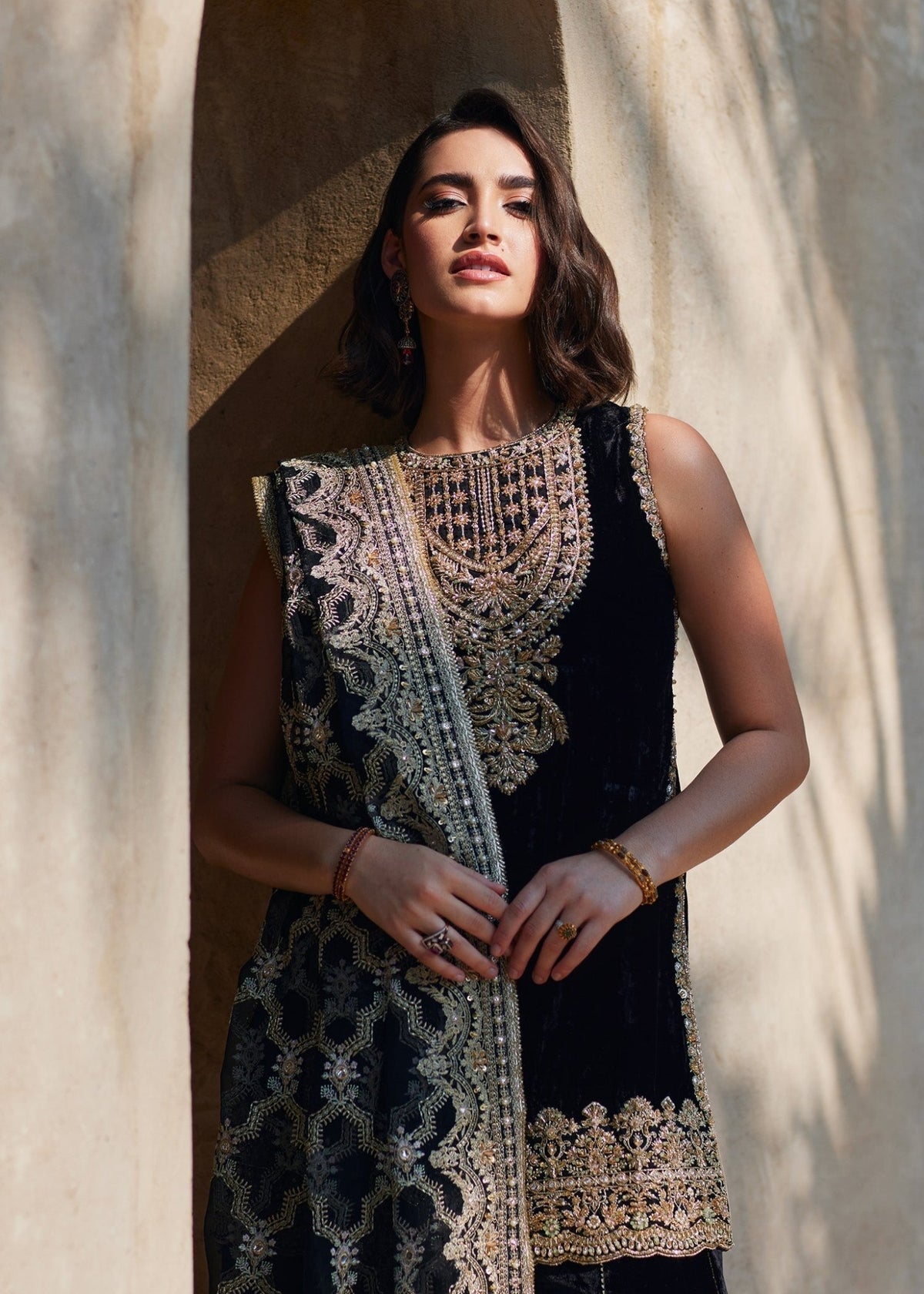 Elynor black velvet flared pants detail - Kanwal Malik