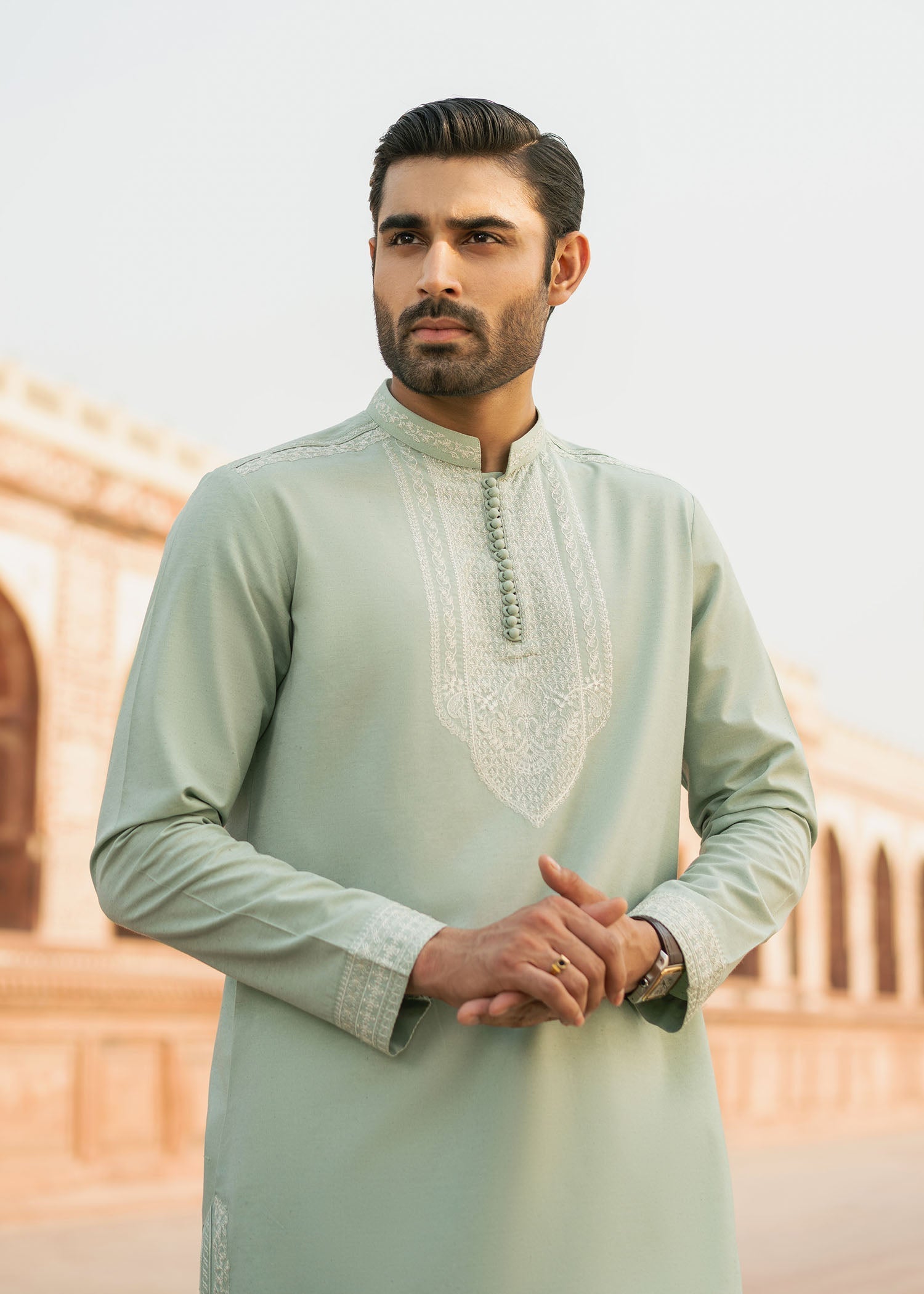 Faaris mint tone-on-tone embroidery detail - Kanwal Malik menswear