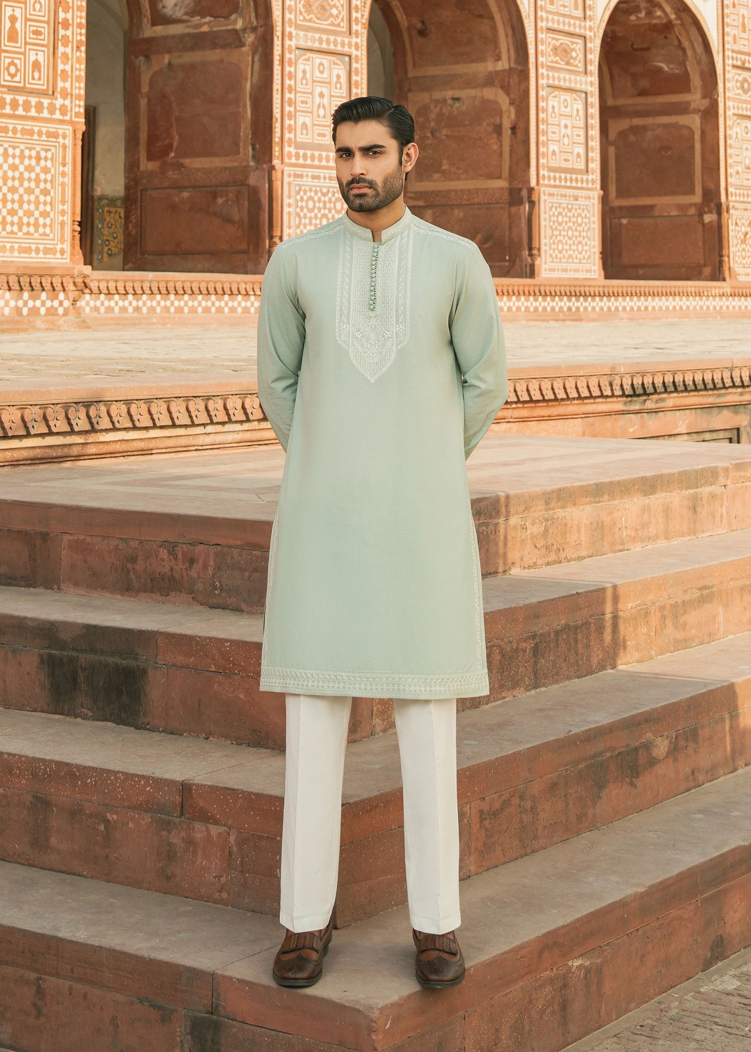 Faaris mint karandi silk kurta front view - Kanwal Malik menswear