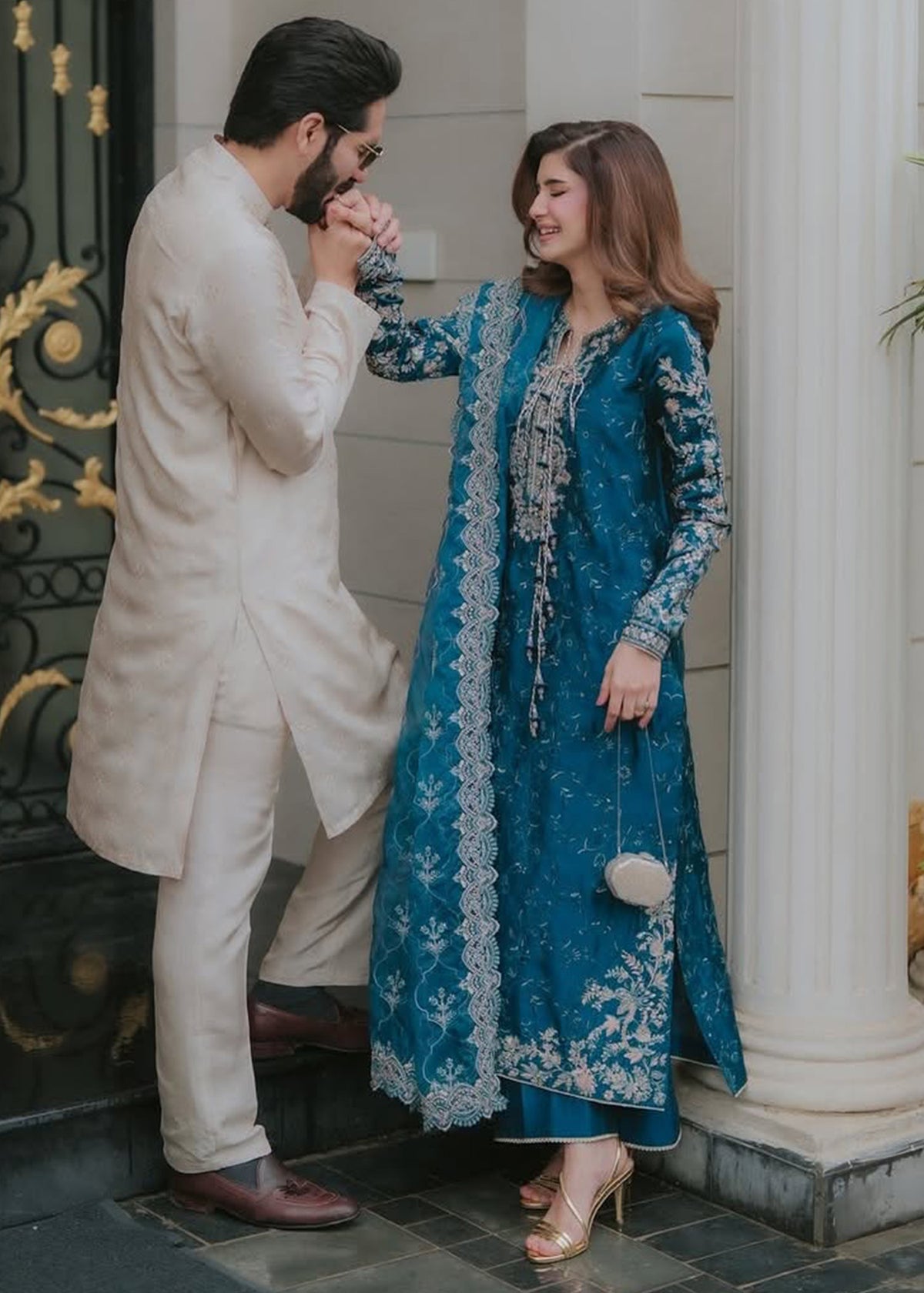 Fiya teal ensemble detail view - Kanwal Malik