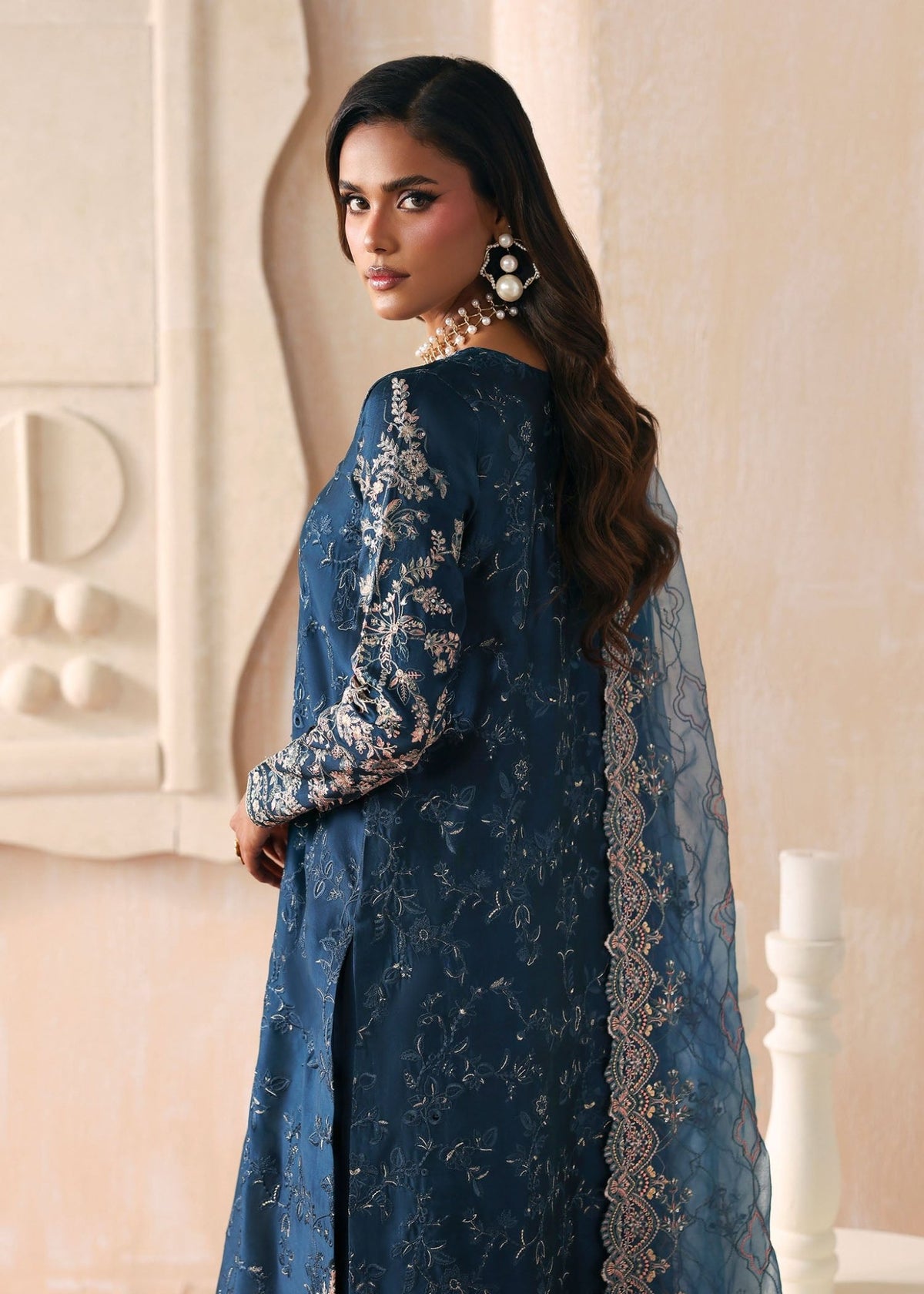 Fiya teal multi-colored neckline embroidery detail - Kanwal Malik