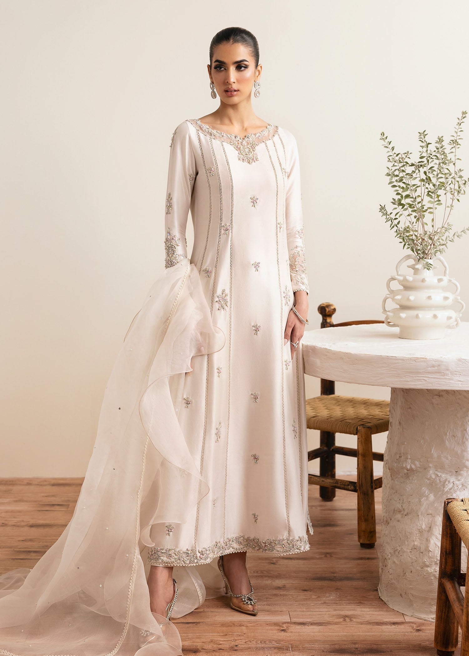 Freya ivory raw silk A-line shirt front view - Kanwal Malik