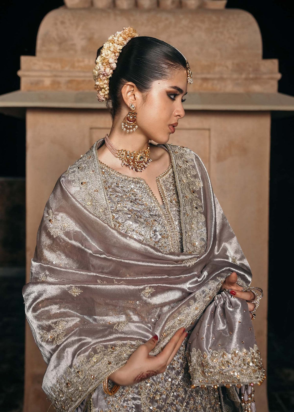 Gulnaar silver mauve farshi shalwar detail - Kanwal Malik