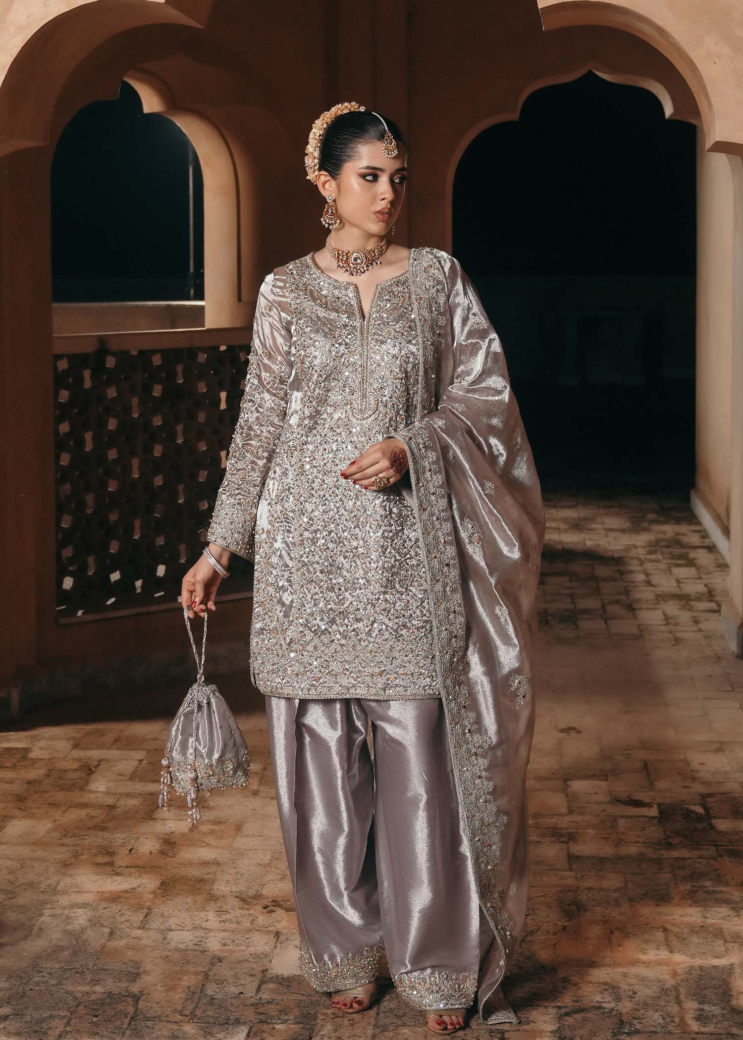 Gulnaar silver mauve tissue shalwar kameez front view - Kanwal Malik