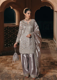 Gulnaar silver mauve tissue shalwar kameez front view - Kanwal Malik