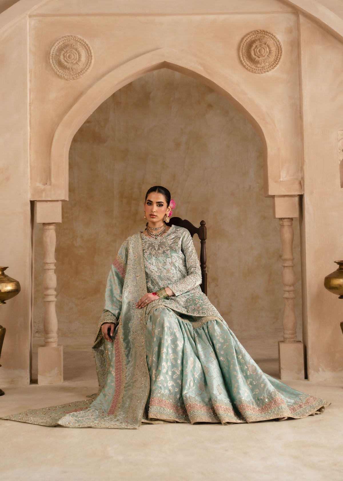 Gulrukh powder blue ensemble styled look - Kanwal Malik Pakistani designer wear