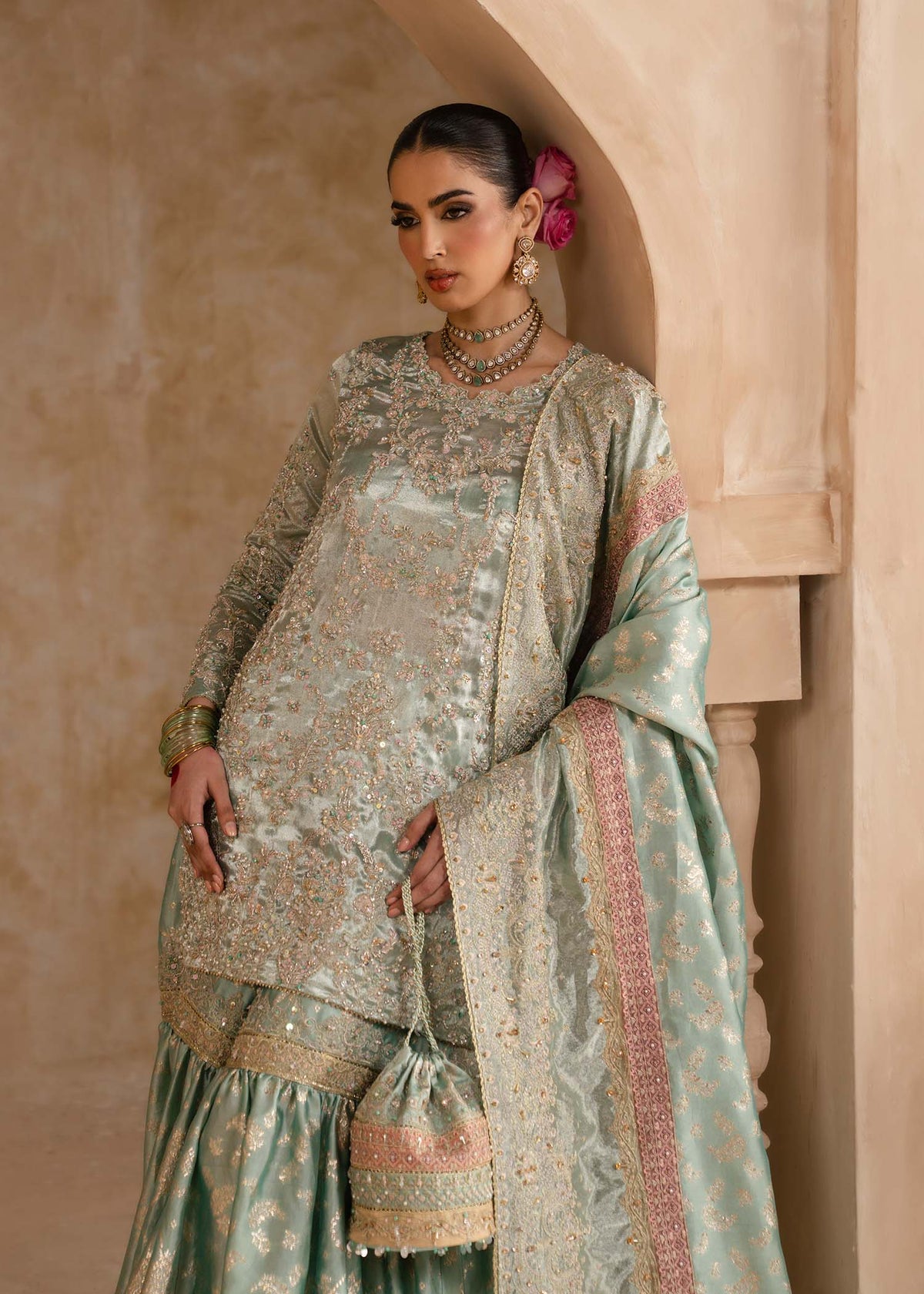 Gulrukh powder blue gharara badla fabric detail - Kanwal Malik luxury pret