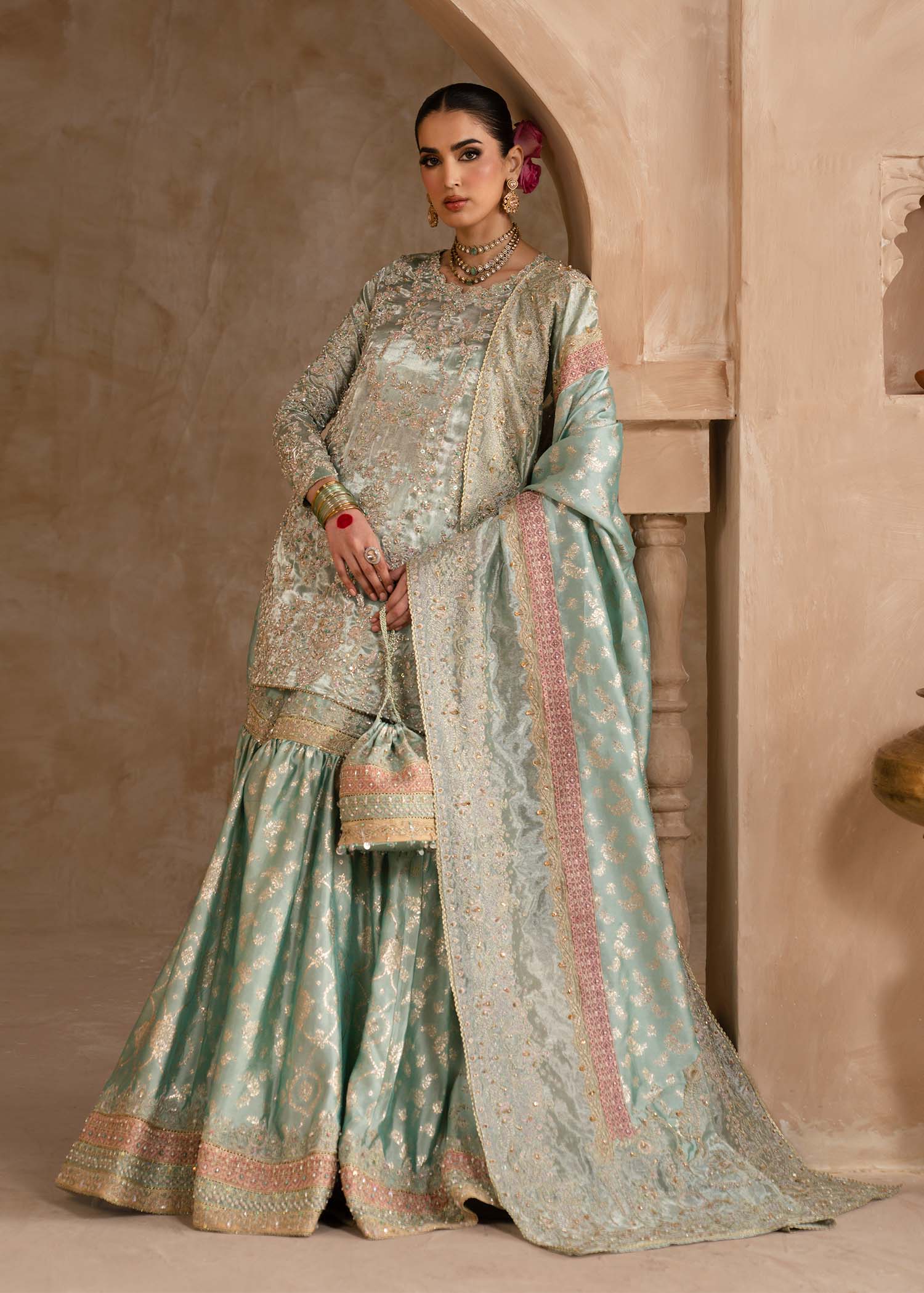 Gulrukh powder blue tissue gharara front view - Kanwal Malik Shehnai Luxury Pret'26