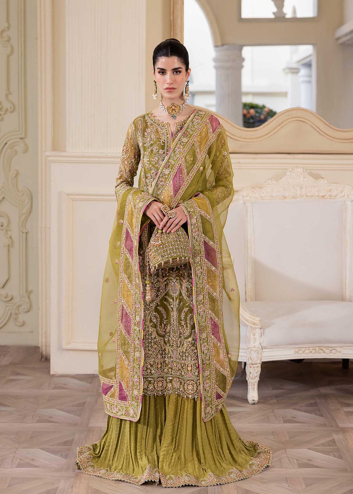 Halena olive green back view - Kanwal Malik