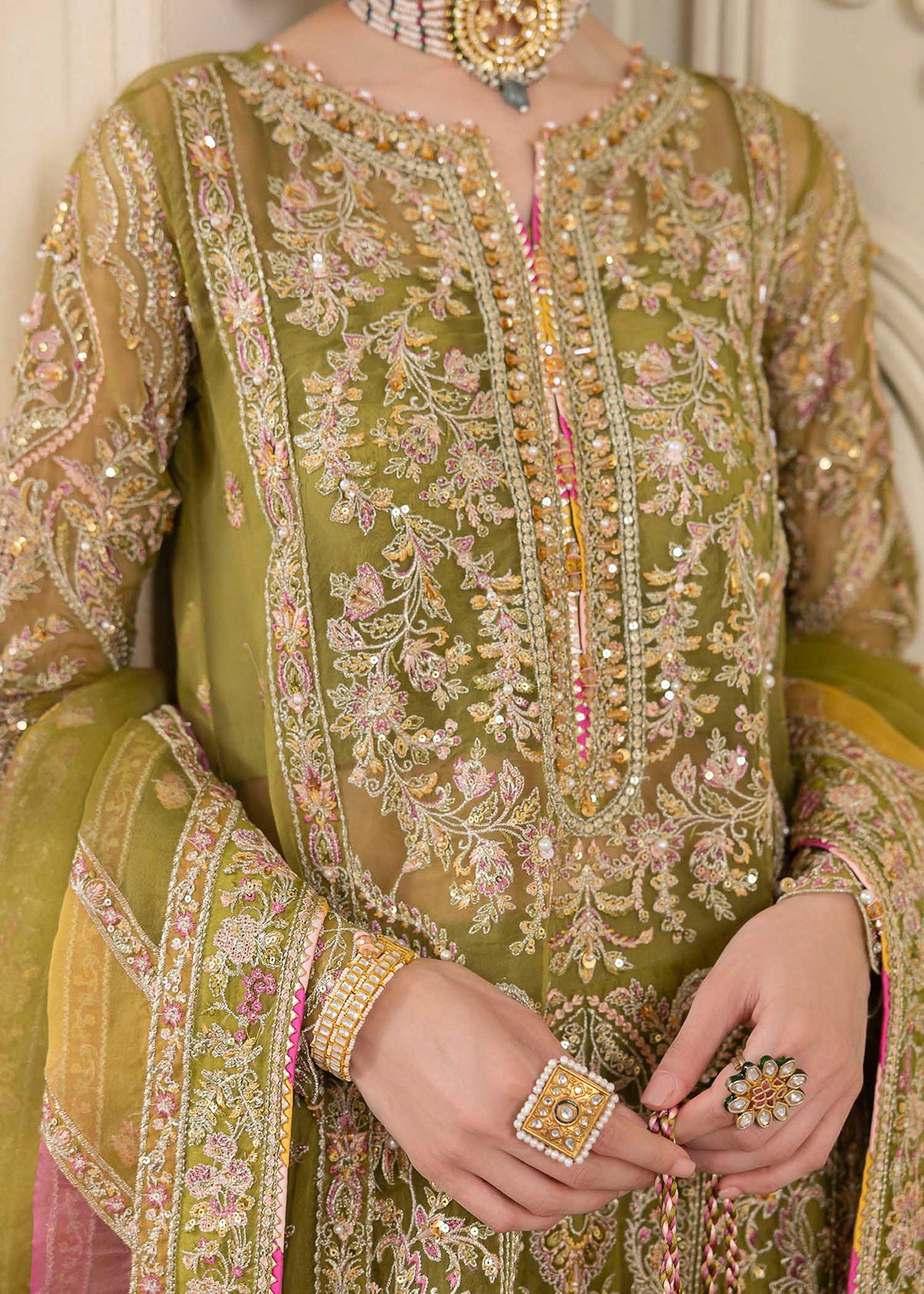 Halena olive green crushed pants detail - Kanwal Malik