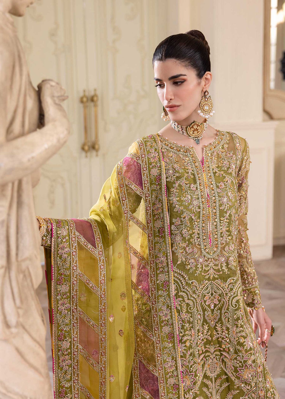 Halena olive green laser-cut dupatta border detail - Kanwal Malik
