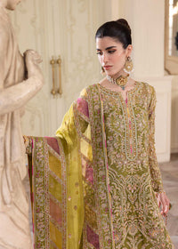 Halena olive green laser-cut dupatta border detail - Kanwal Malik