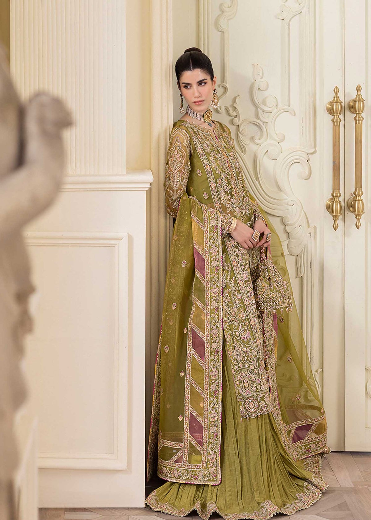 Halena olive green full ensemble view - Kanwal Malik