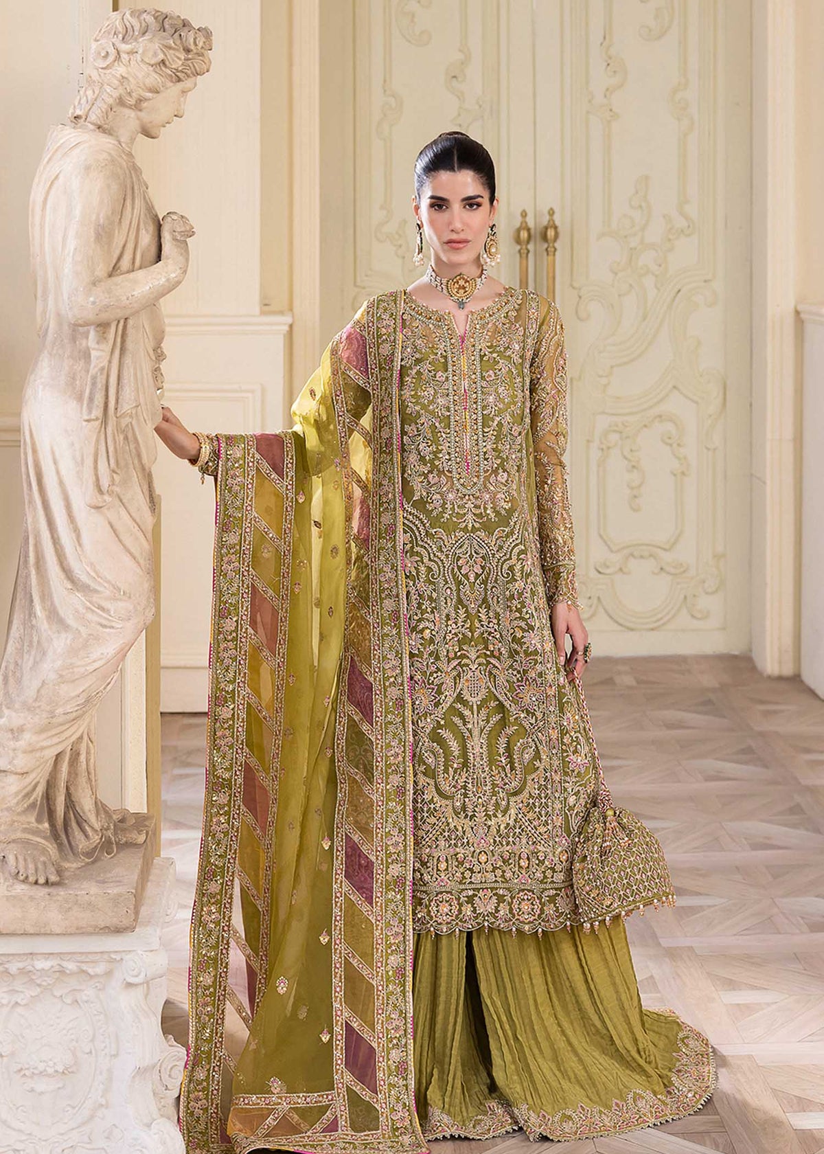 Halena olive green embroidered shirt front view - Kanwal Malik