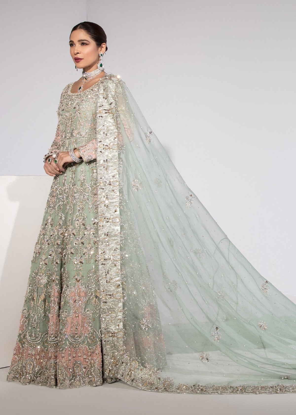 Helen mint dupatta embellished border detail - Kanwal Malik bridal couture