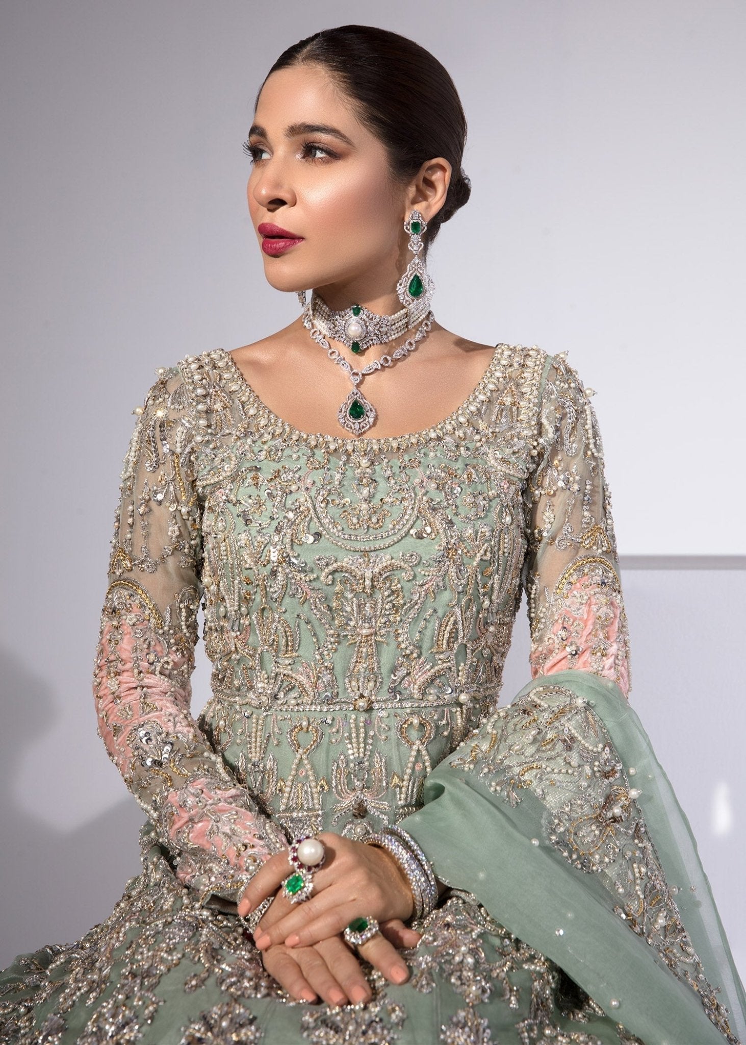 Helen mint hand-embellished neckline detail - Kanwal Malik bridal couture