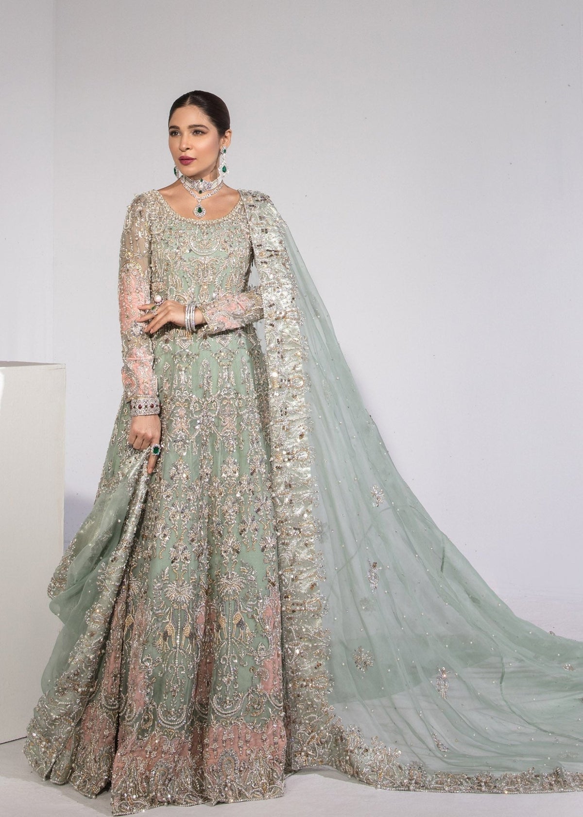 Helen mint bridal pashwas front view - Kanwal Malik bridal couture