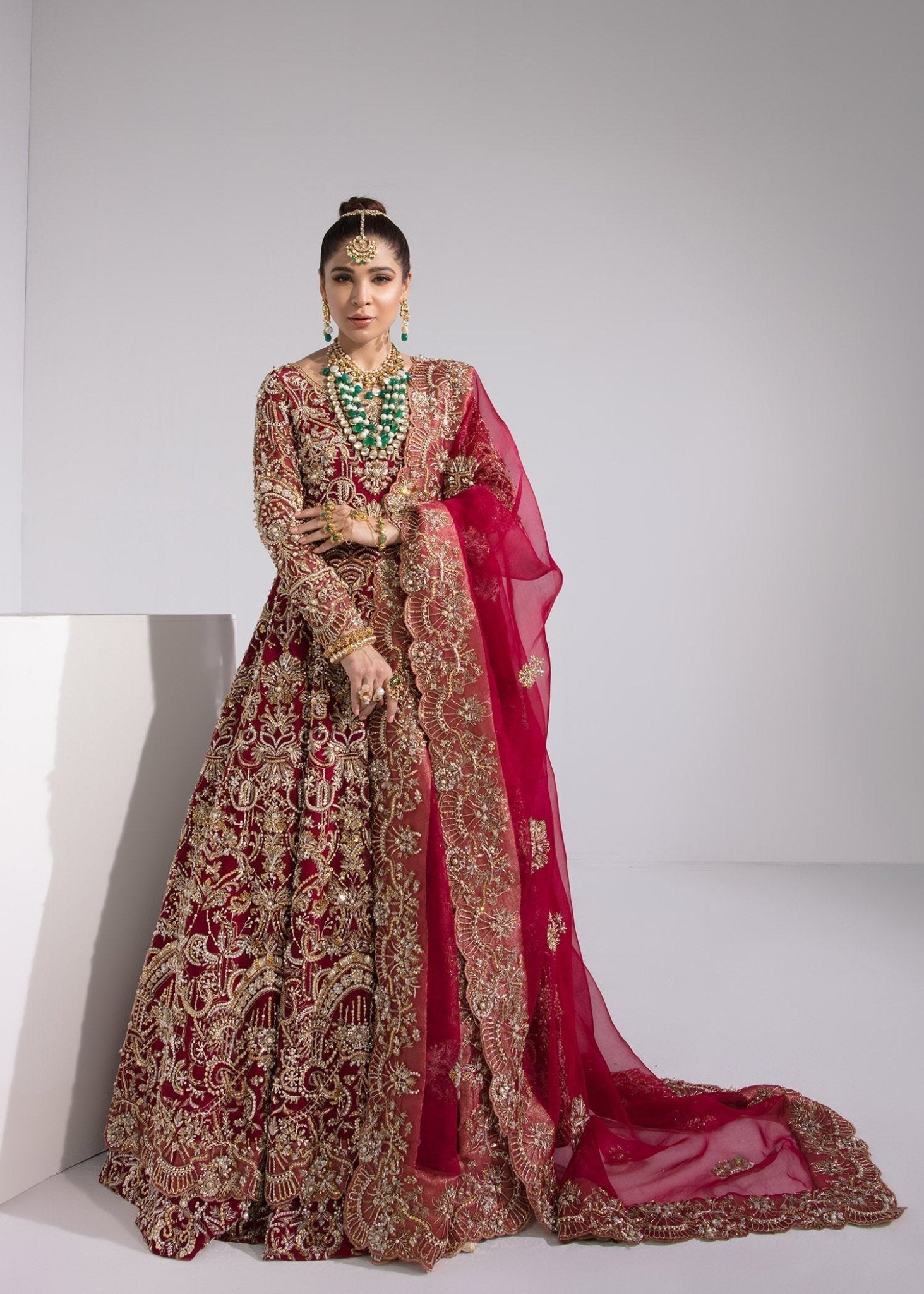 Hera red bridal pashwas front view - Kanwal Malik bridal couture