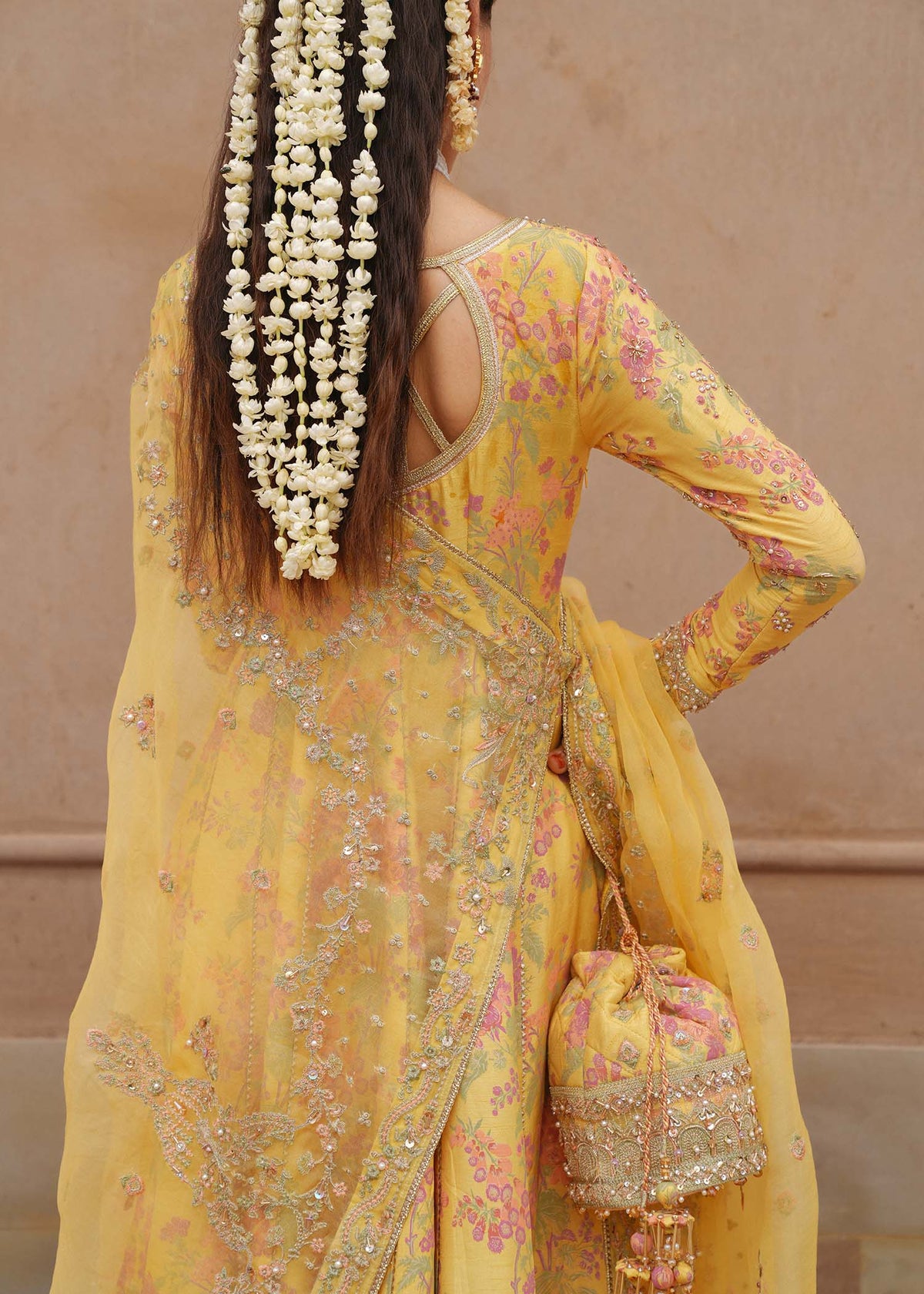 Hoorain zest yellow ensemble back view - Kanwal Malik