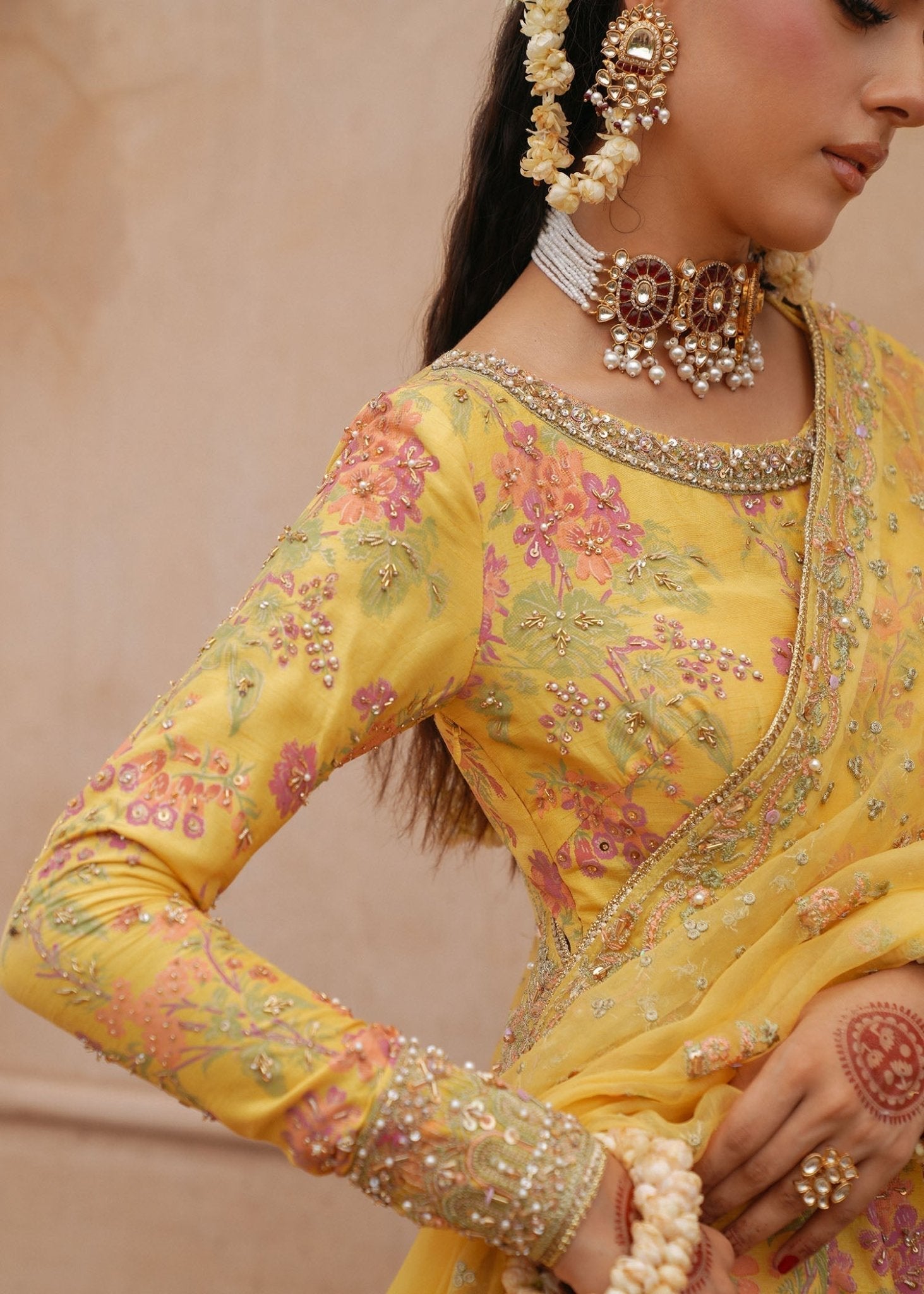 Hoorain zest yellow embroidered neckline detail - Kanwal Malik