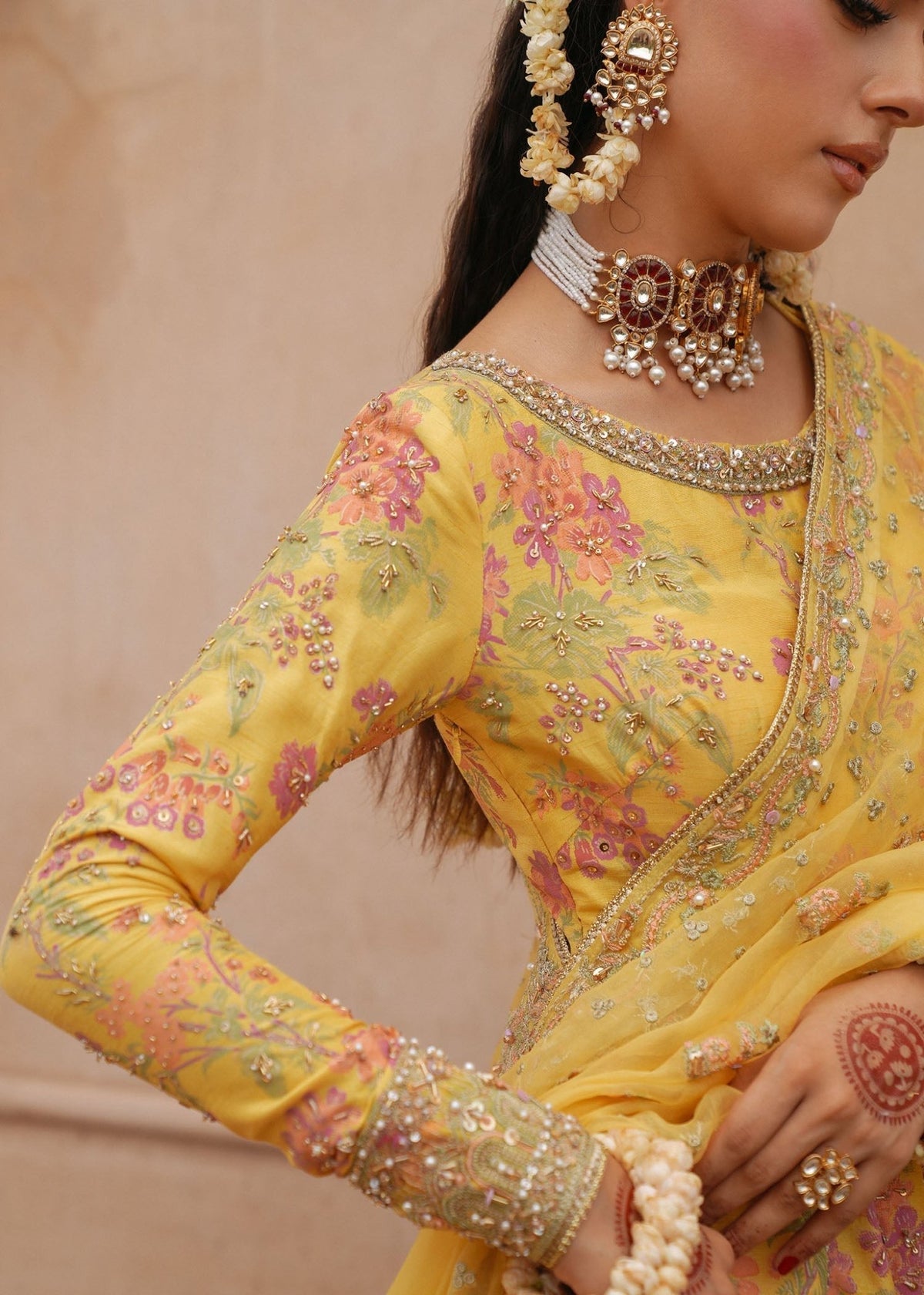 Hoorain zest yellow embroidered neckline detail - Kanwal Malik