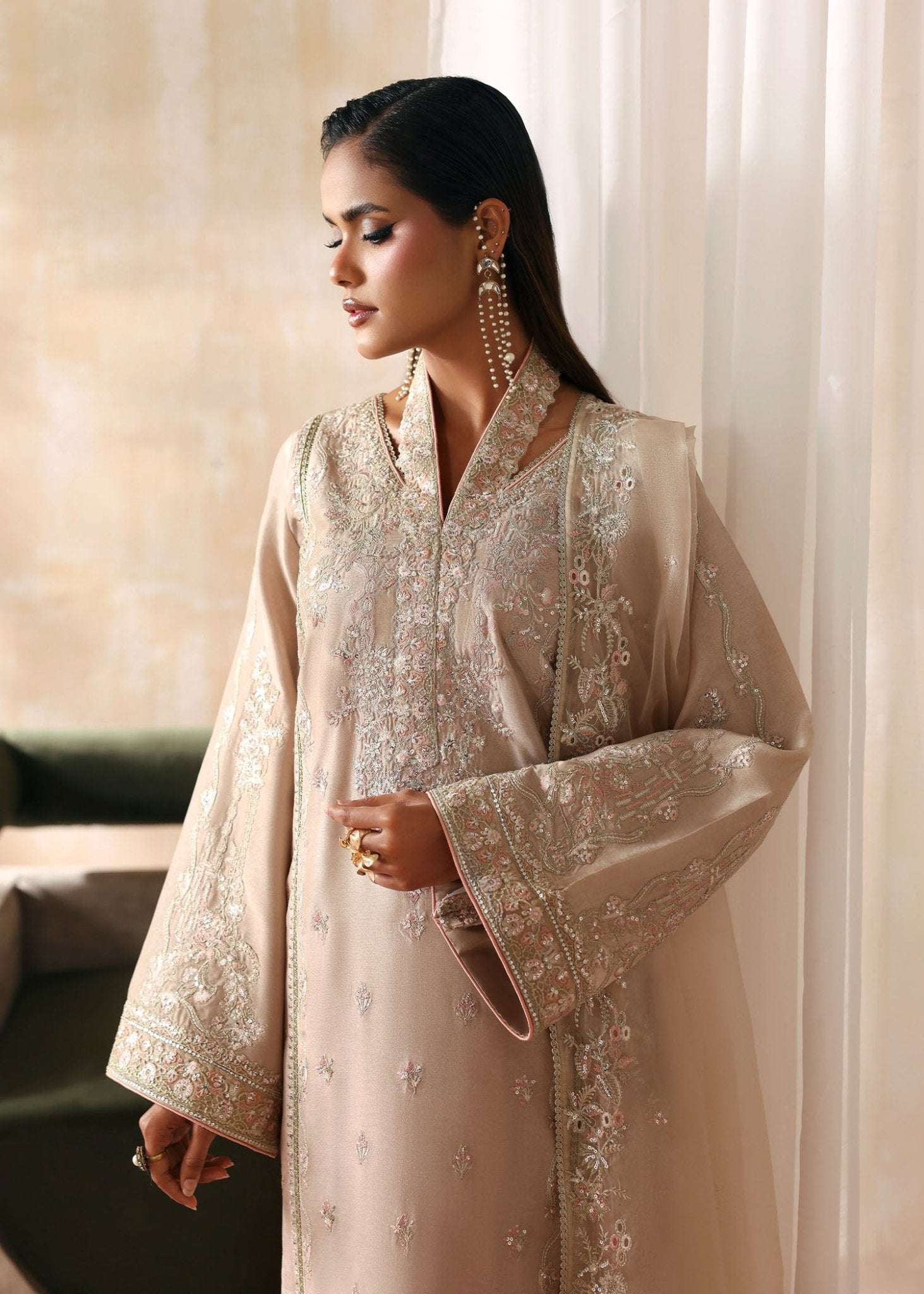 Hooria beige embroidered side panel detail - Kanwal Malik luxury pret