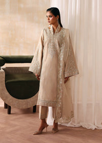 Hooria beige tassel silk shirt front view - Kanwal Malik luxury pret
