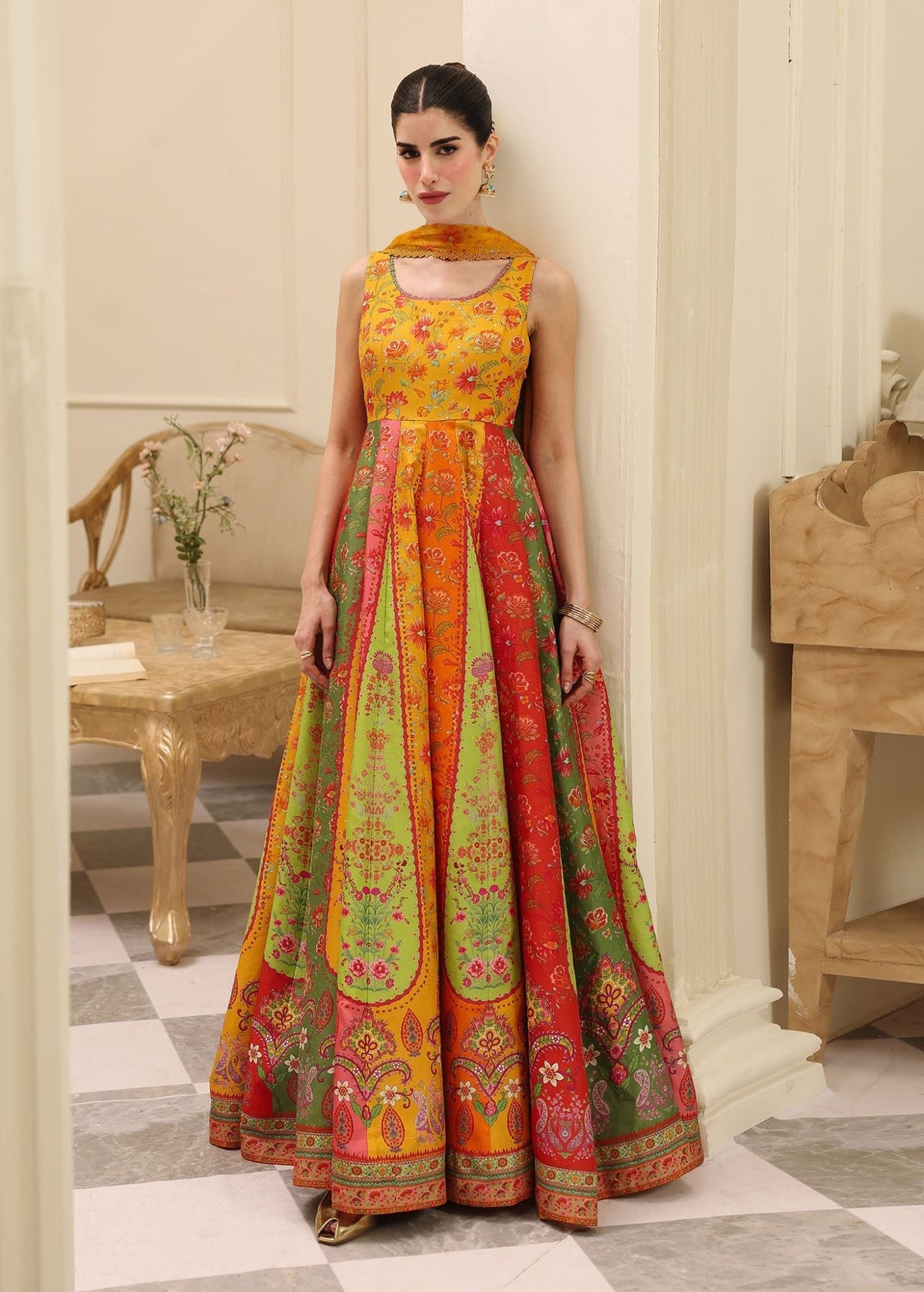 Inaya multi-color printed pishwas front view - Kanwal Malik