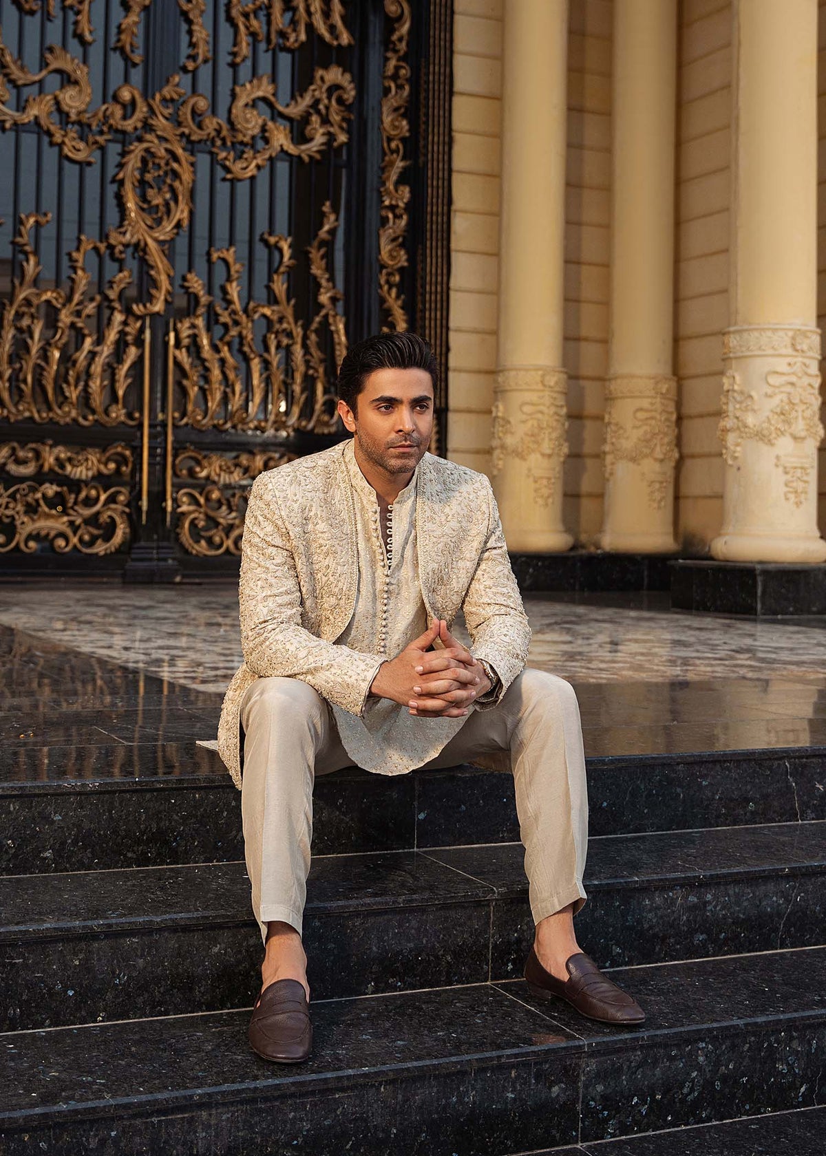 Izaar beige gold back view - Kanwal Malik menswear