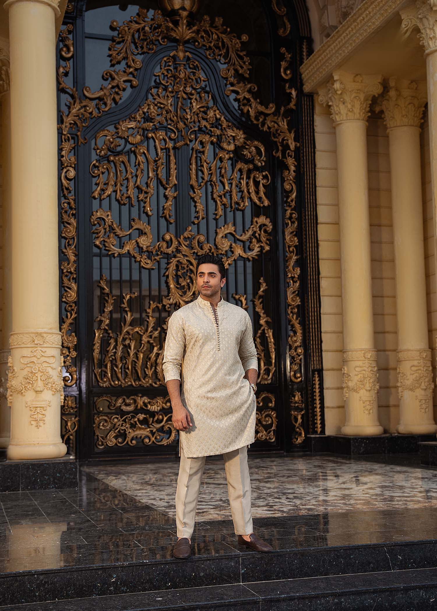 Izaar beige gold embroidery embellishment detail - Kanwal Malik menswear
