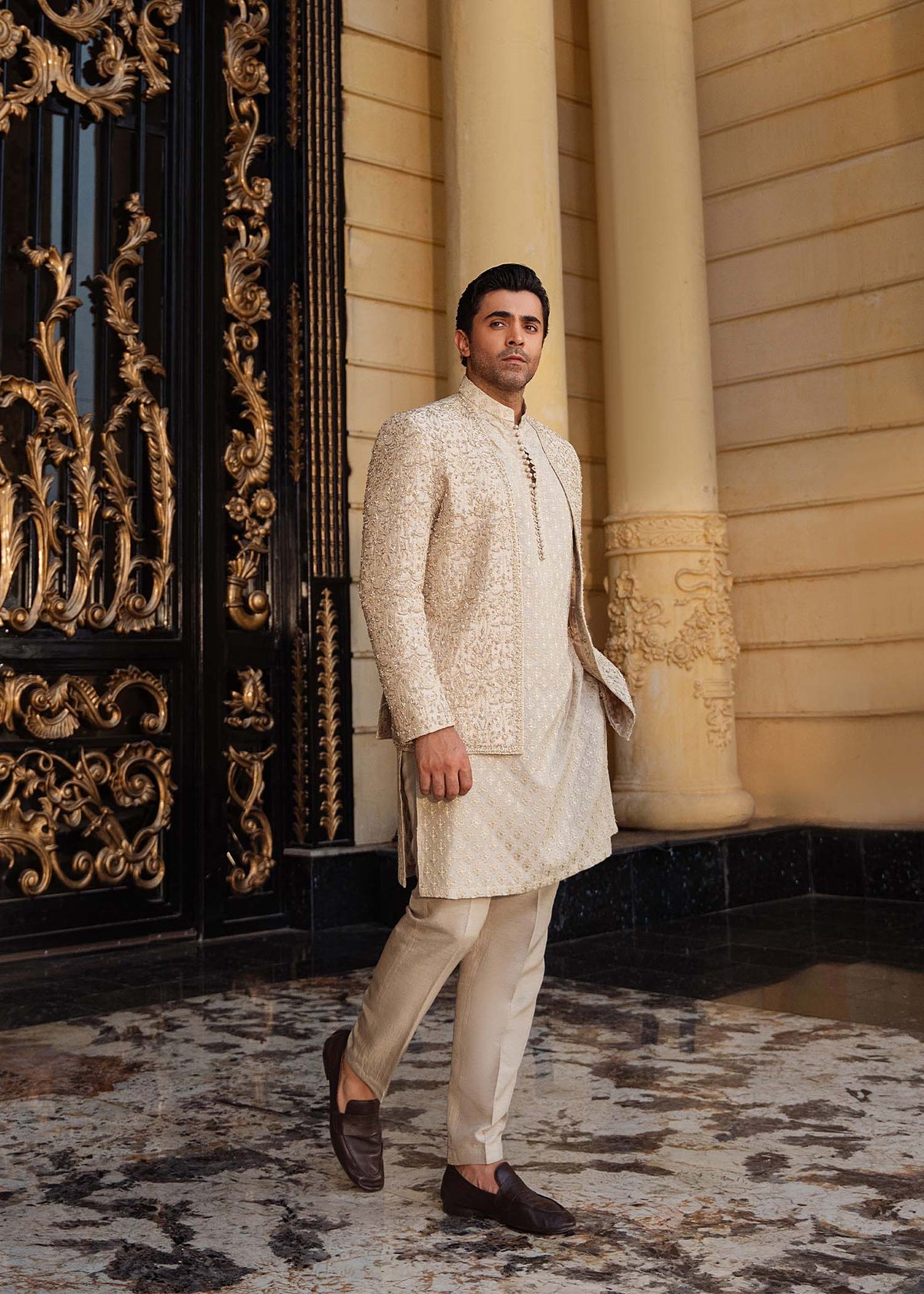 Izaar beige gold full ensemble view - Kanwal Malik menswear