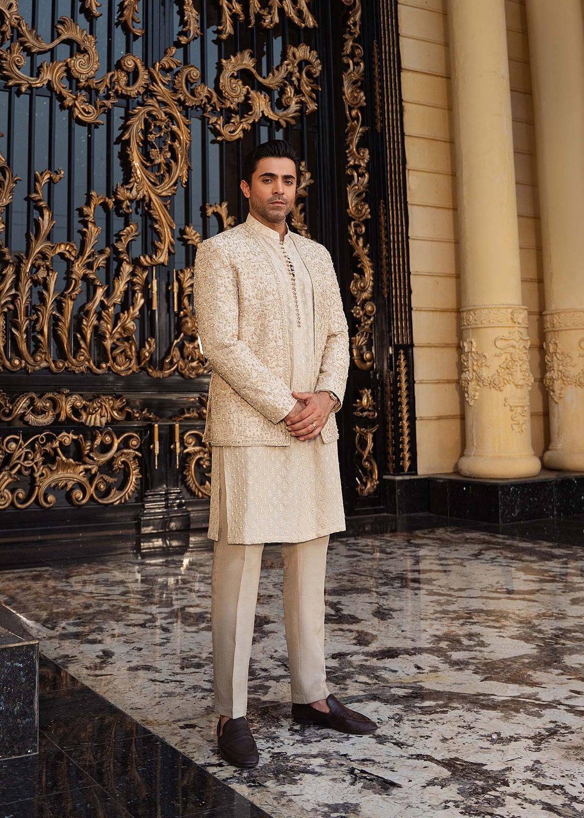 Izaar beige gold prince jacket front view - Kanwal Malik menswear